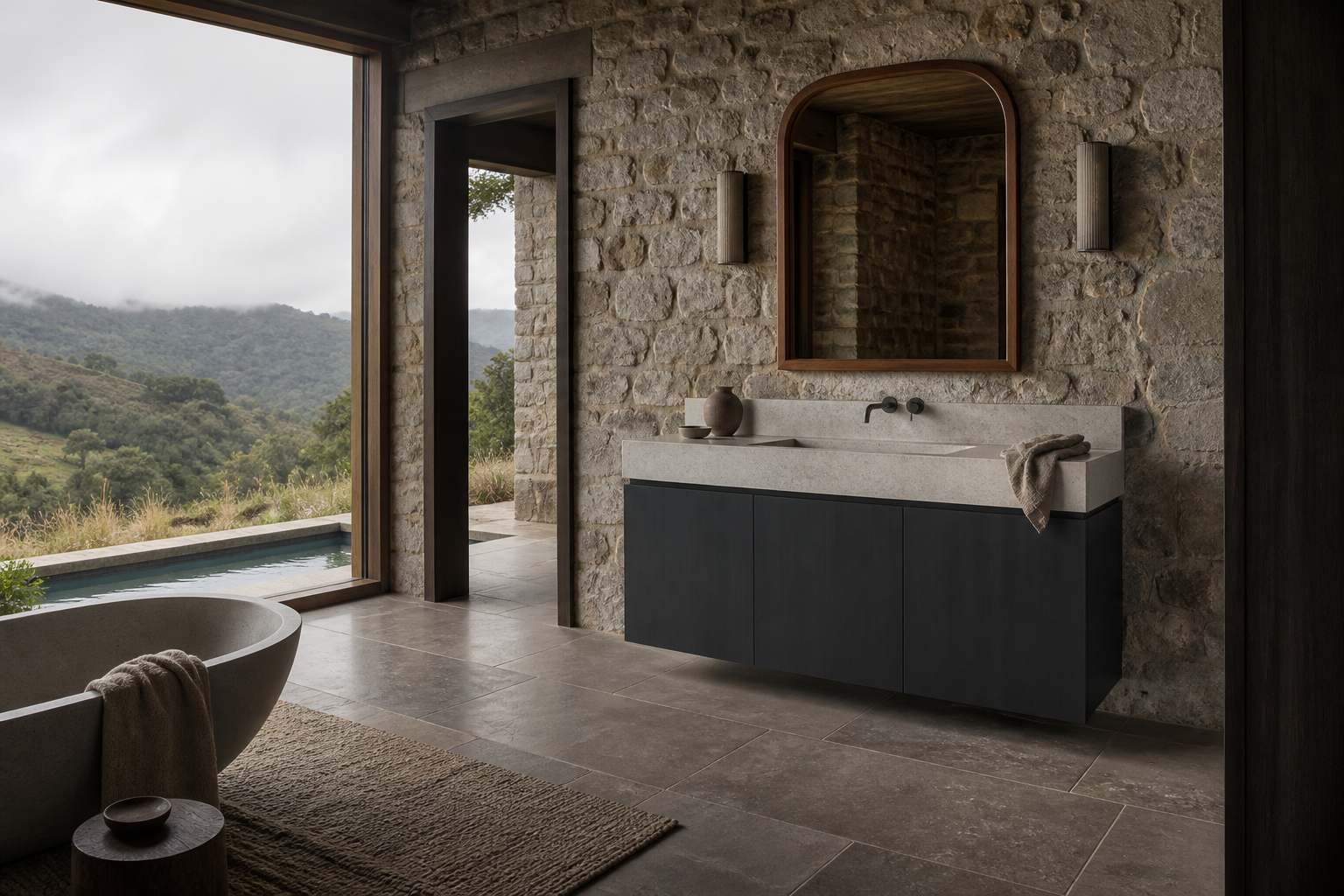 Fadior Alcove Bath and Vanity Suite with Tidepool Arch Basin — lifestyle setting with natural light and residential styling