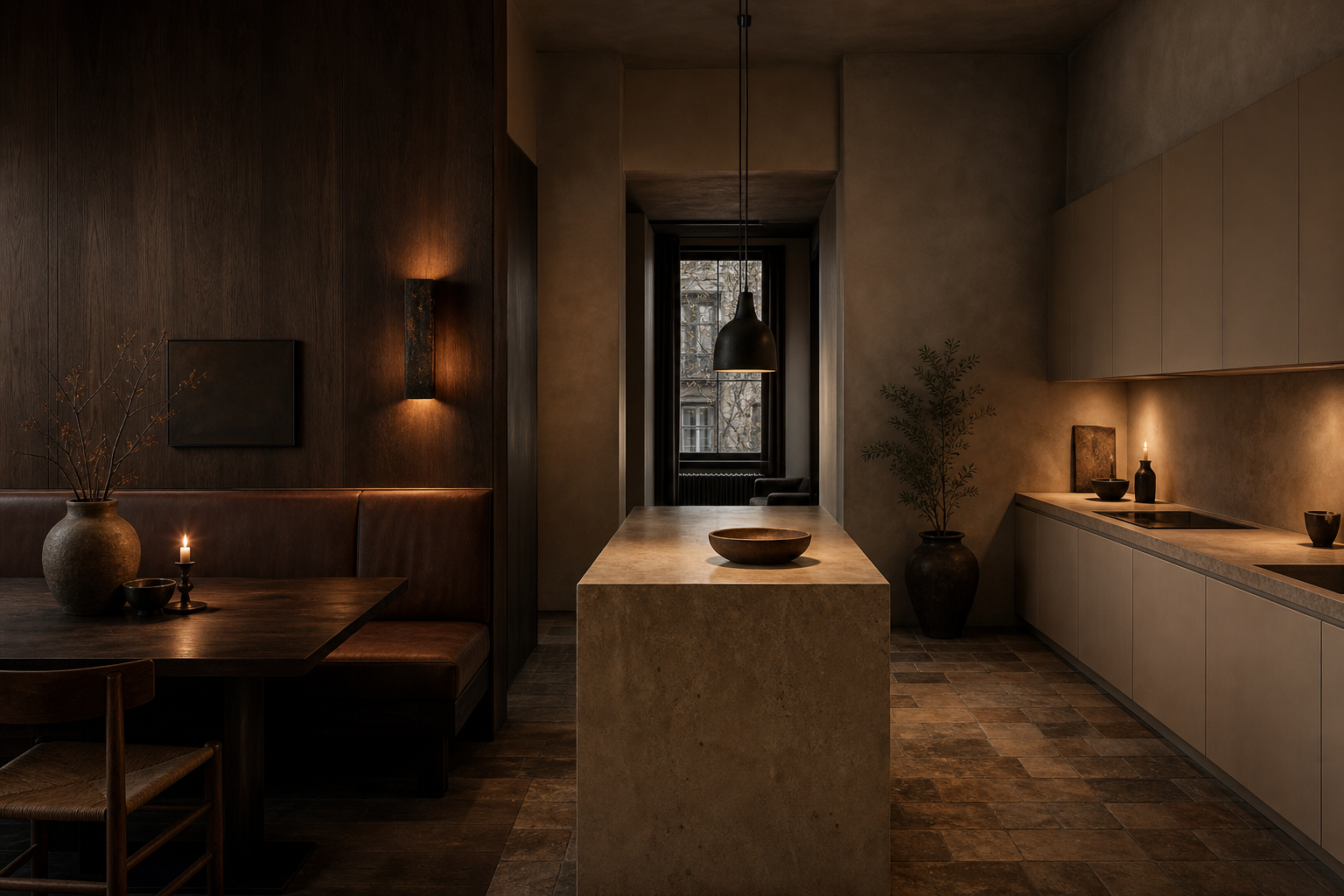 Kitchen decision comparison with dark smoked oak and warm putty cabinetry for material system choice.