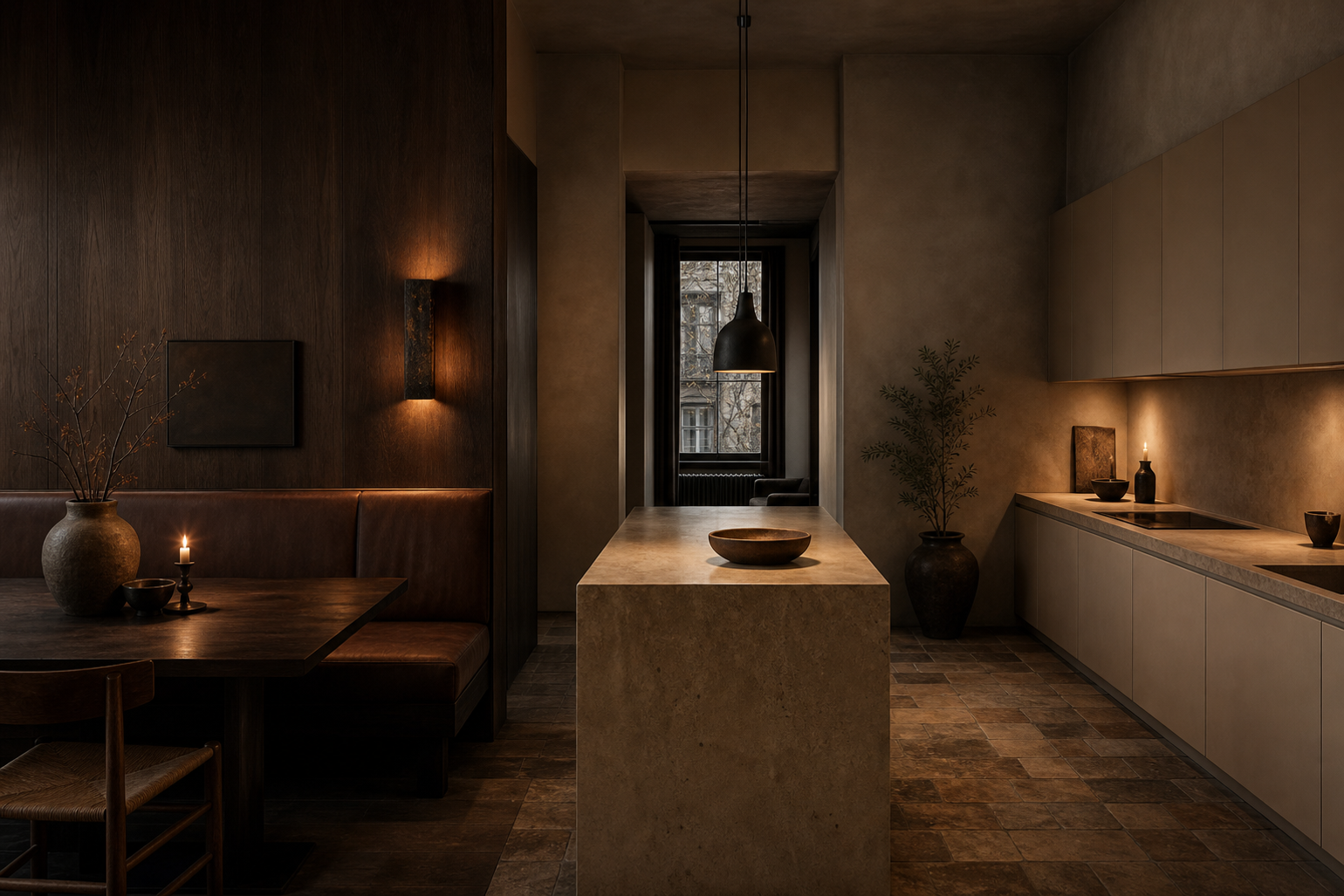 Kitchen decision comparison with dark smoked oak and warm putty cabinetry for material system choice.