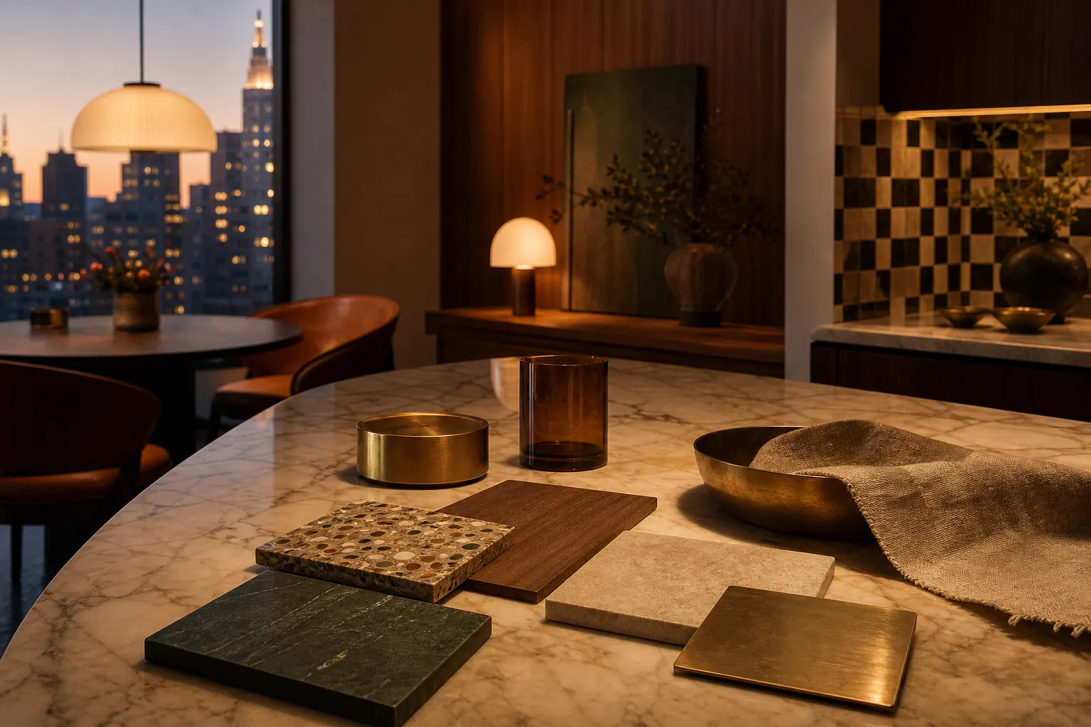 Material mood study with taupe surfaces and muted green accents for kitchen fixture choices.