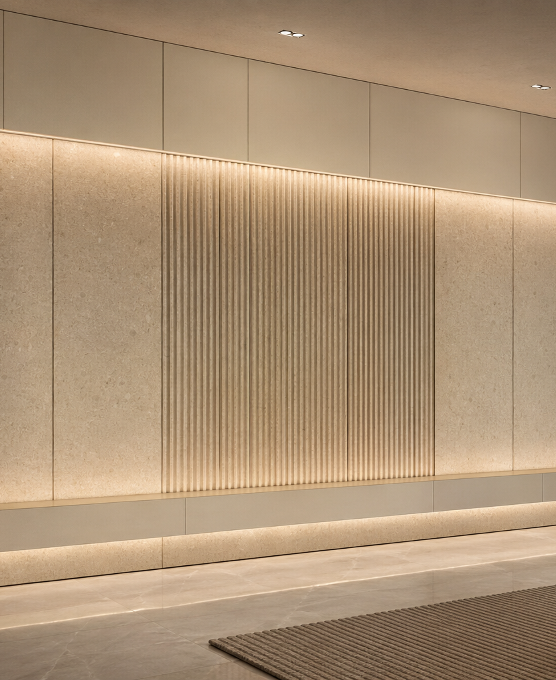 Fadior Terrazzo Wall Panel Suite with Ribbed Mineral Rhythm Plane — 304 stainless steel wall panel system, front view
