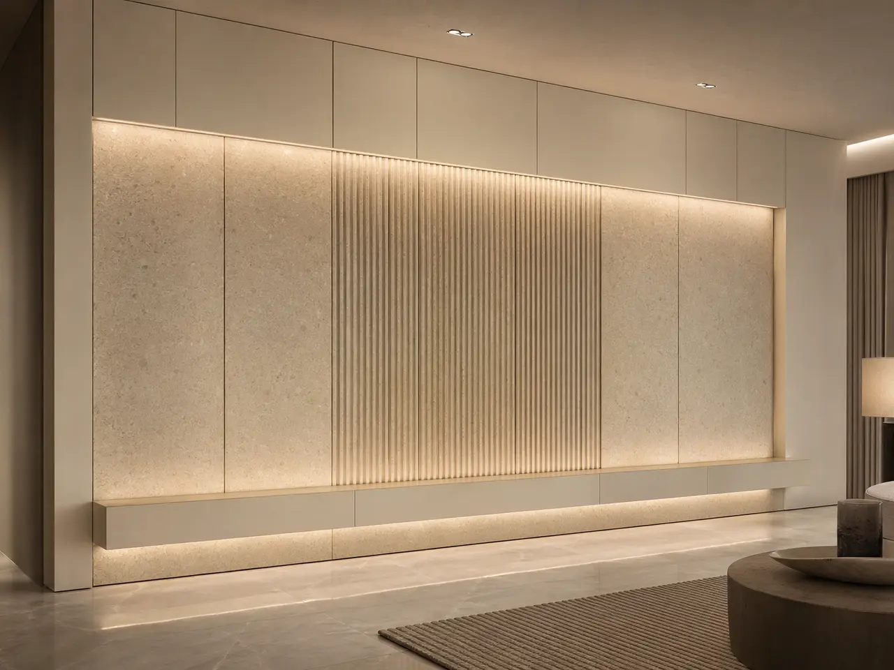 Fadior Terrazzo Wall Panel Suite with Ribbed Mineral Rhythm Plane - 304 stainless steel wall panel system with textured surfaces, shadow reveals, integrated lighting, and concealed doors