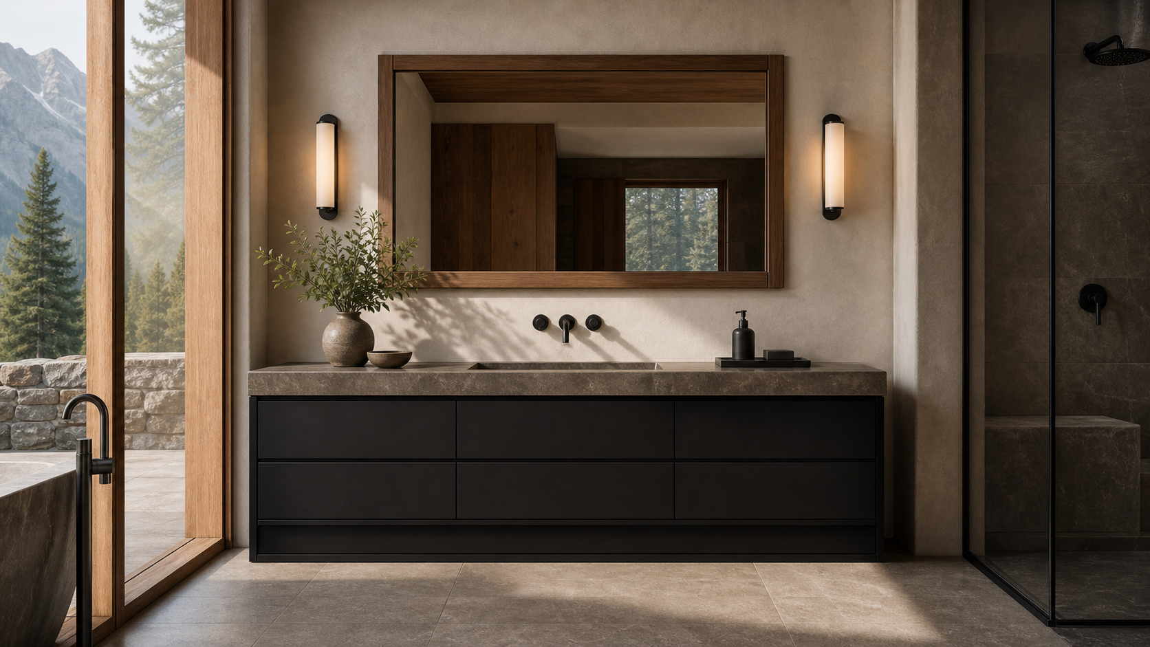 Fadior Verve Bath and Vanity Suite with Obsidian Towel Plinth — lifestyle setting with natural light and residential styling