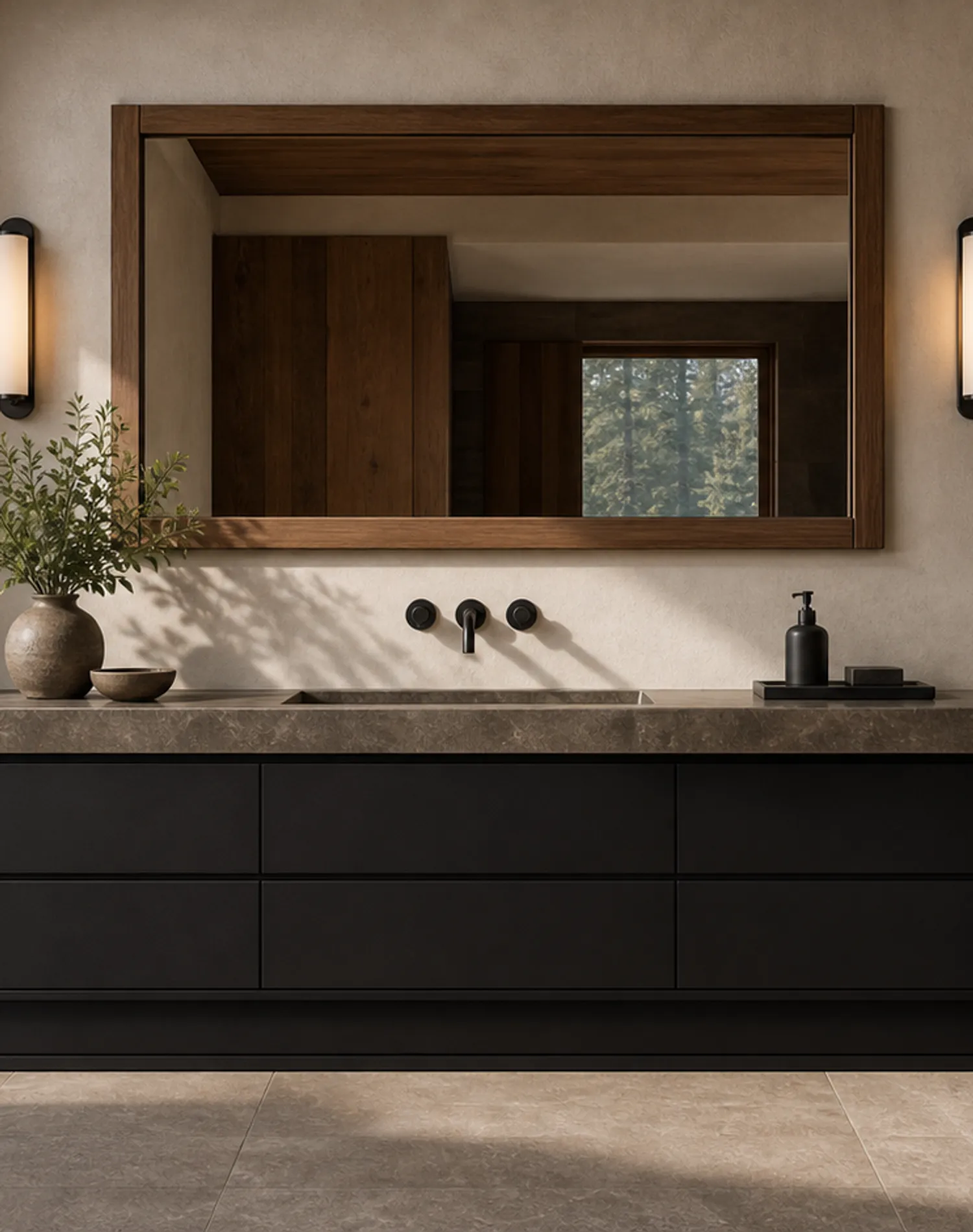 Fadior Verve Bath and Vanity Suite with Obsidian Towel Plinth — lifestyle setting with natural light and residential styling