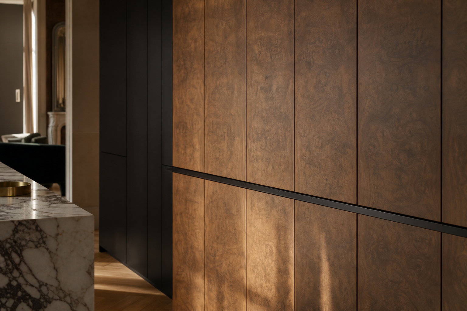 Fadior Atelier Floating Profile Pantry Wall — close-up of stainless steel finish and hardware detail
