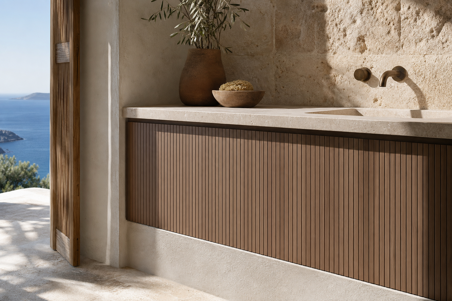 Fadior Voyage Bath Vanity Suite with Tambour Walnut Wash Arcade — close-up of stainless steel finish and hardware detail