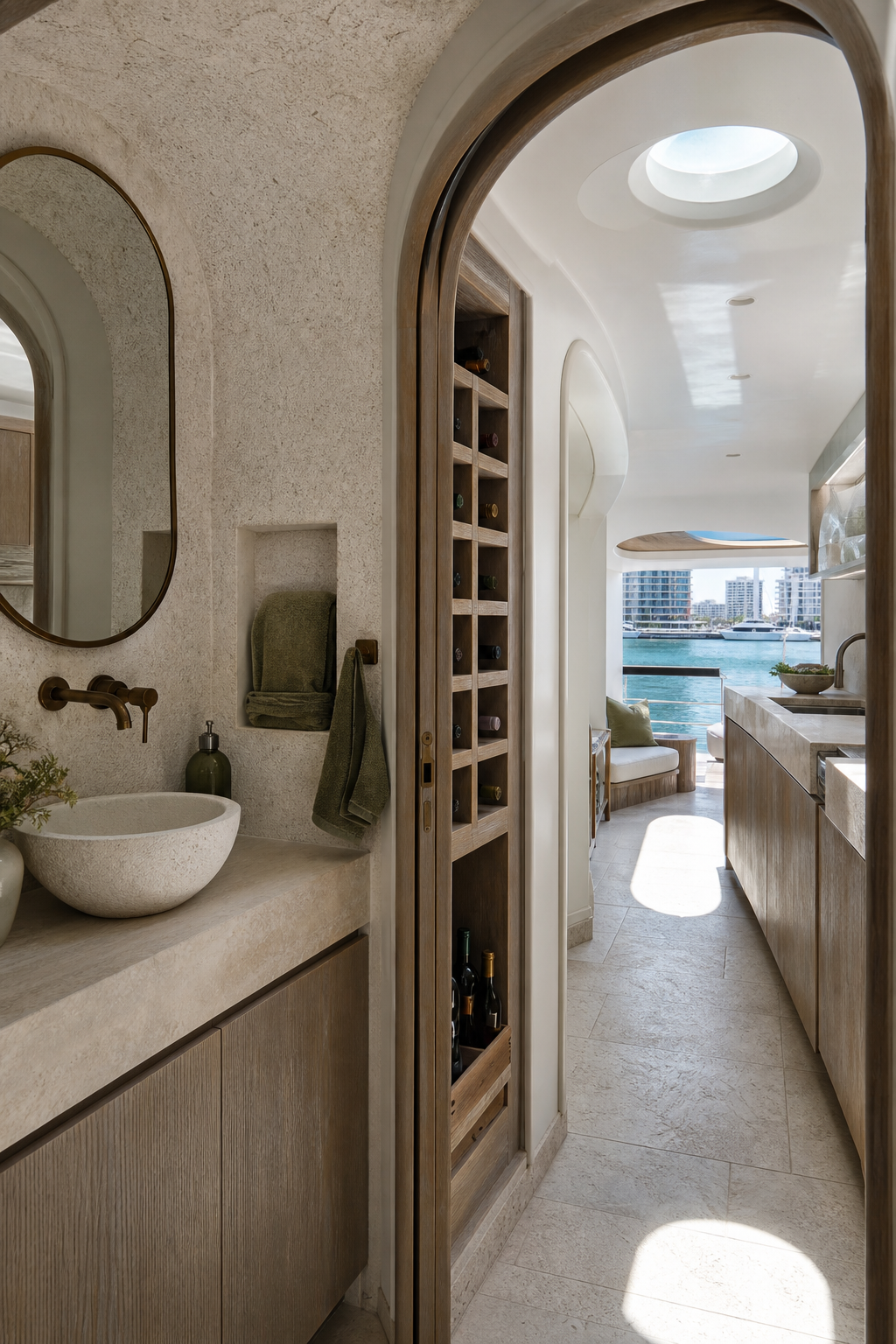 Fadior Dubai Marina Yacht Galley — Dubai yacht vanity and wine alcove with mirror, stone basin, towel niche,