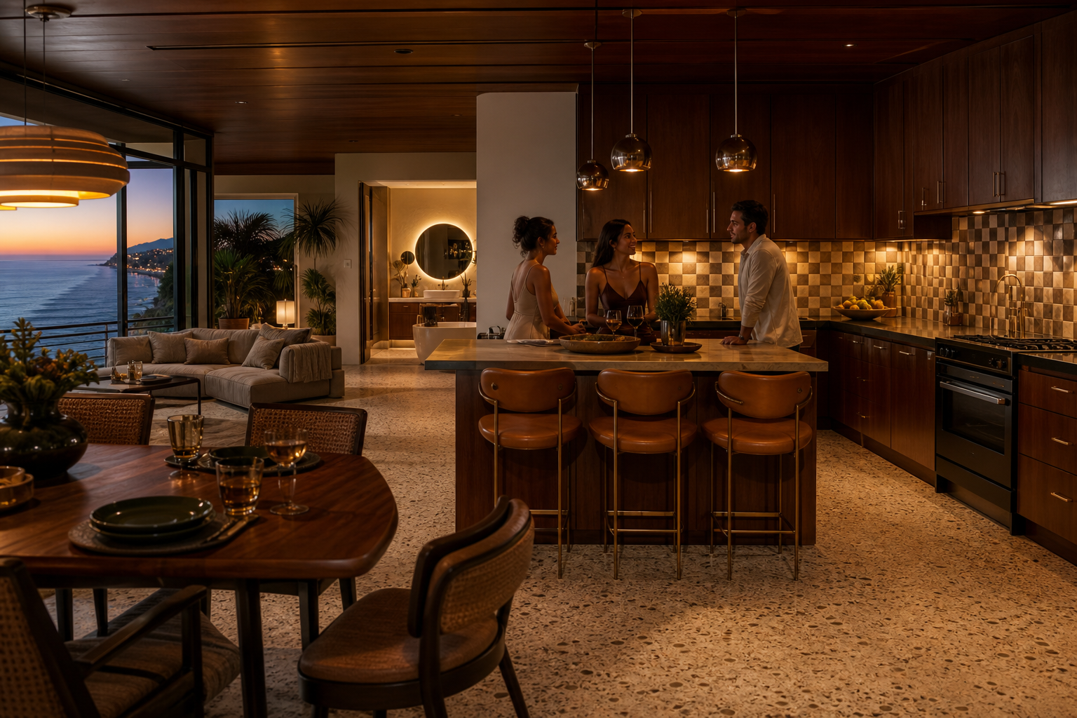 Fadior Malibu 480 sqm Kitchen Bath Villa — Malibu villa kitchen with walnut cabinets, marble island, terrazzo floor, — 304 stainless steel cabinetry installation by Fadior