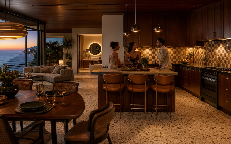 Fadior Malibu 480 sqm Kitchen Bath Villa — Malibu villa kitchen with walnut cabinets, marble island, terrazzo floor, — 304 stainless steel cabinetry installation by Fadior