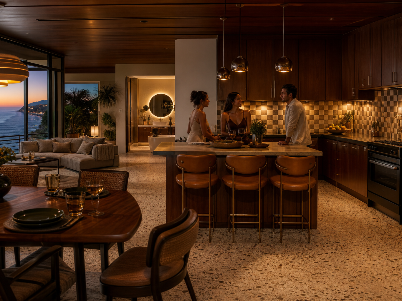 Fadior Malibu 480 sqm Kitchen Bath Villa — Malibu villa kitchen with walnut cabinets, marble island, terrazzo floor,