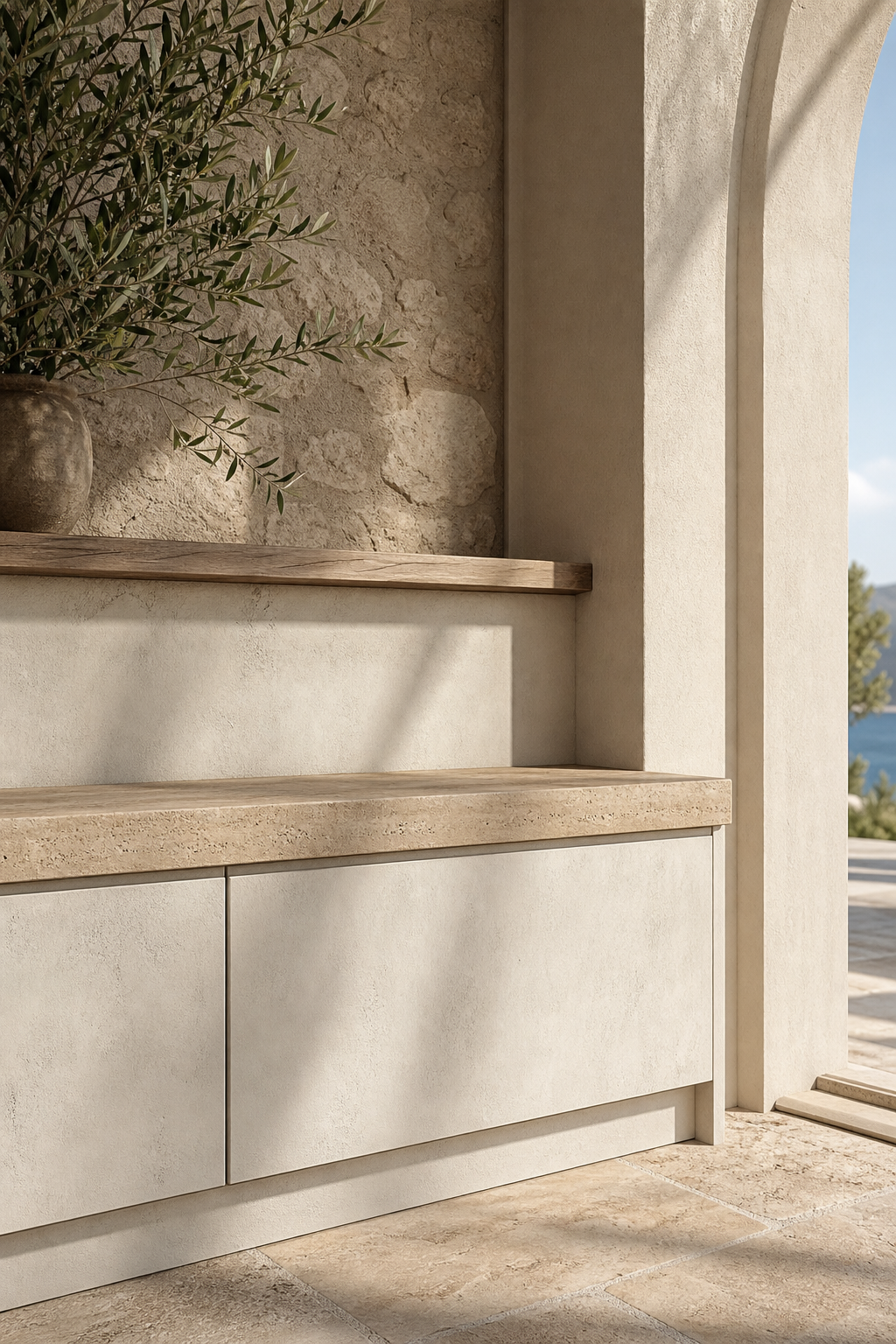Fadior Loggia Entryway Suite with Travertine Keydrop Bench — close-up of stainless steel finish and hardware detail
