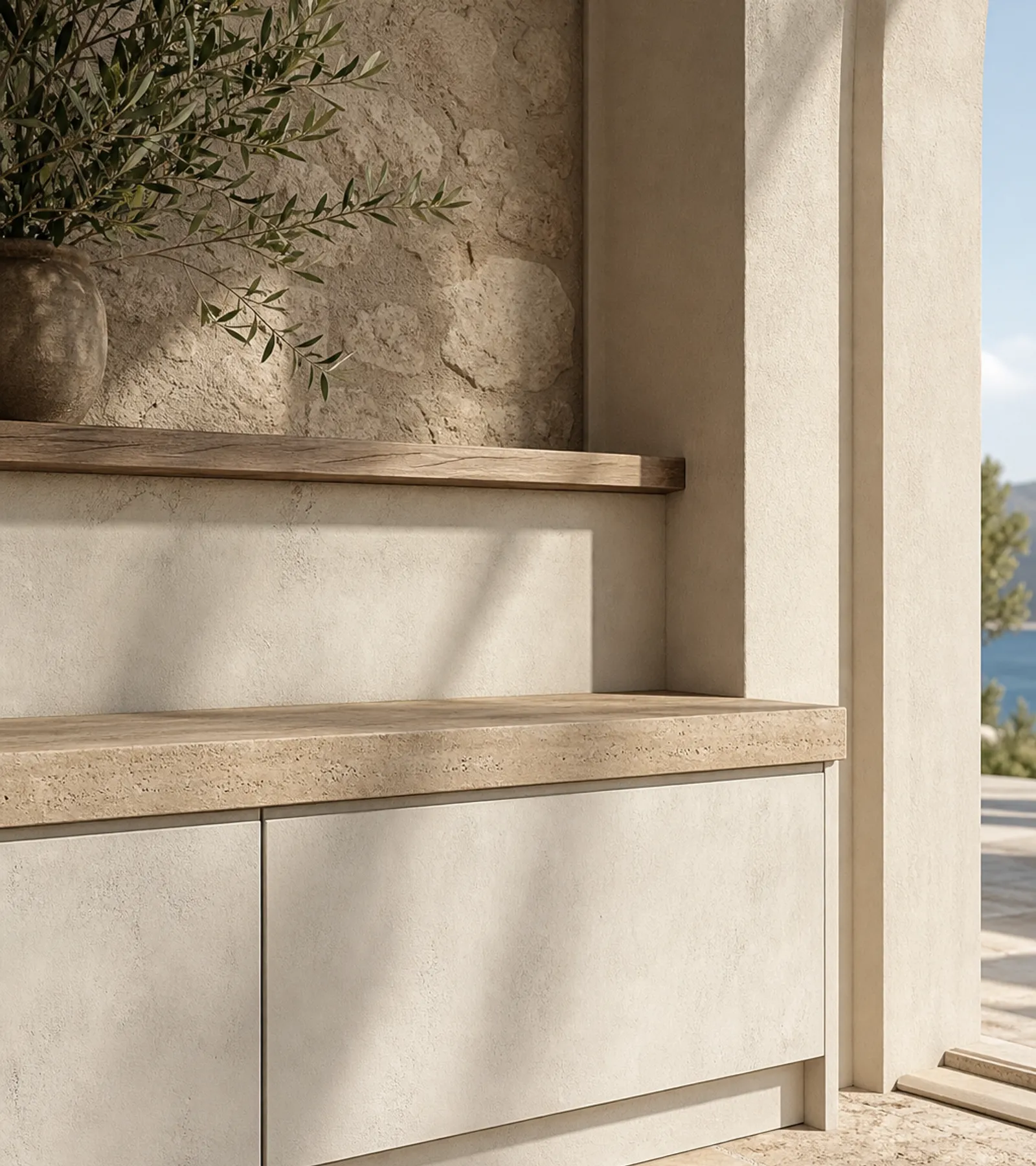 Suite de Entrada Loggia con Banco Travertine Keydrop acabado y detalle