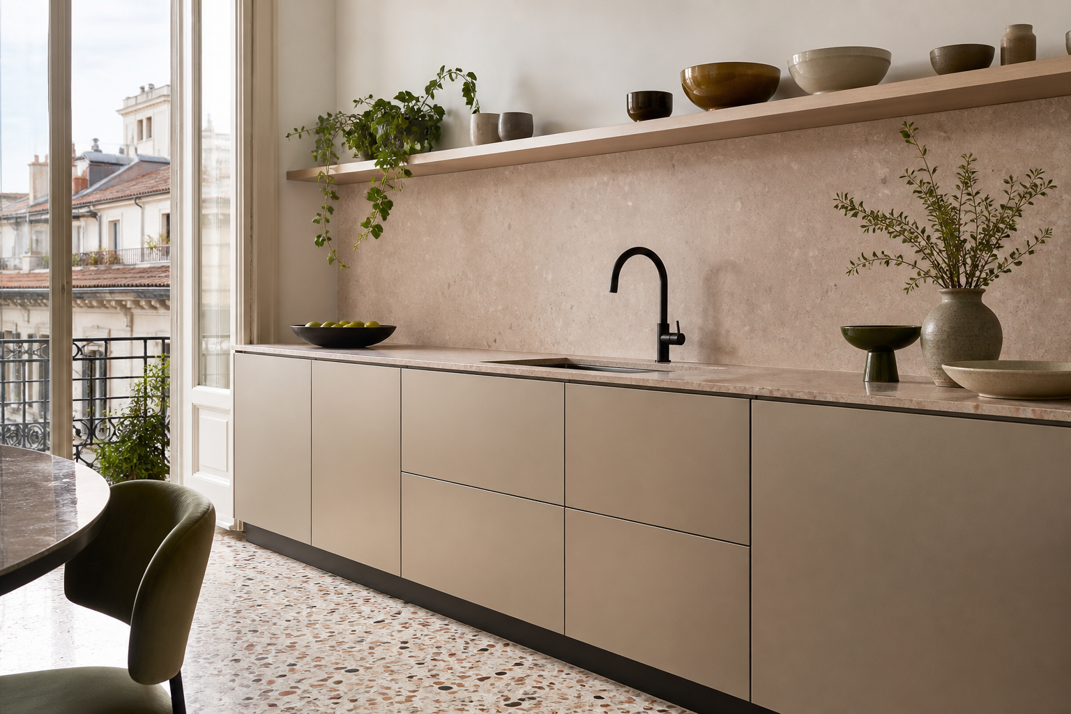 Fadior The Italian Lineage: How EuroCucina Defines the Global Luxury Kitchen Project — stone counter, champagne cabinets, black tap, oak shelf, ceramic bowls, terrazzo floor, balcony plants