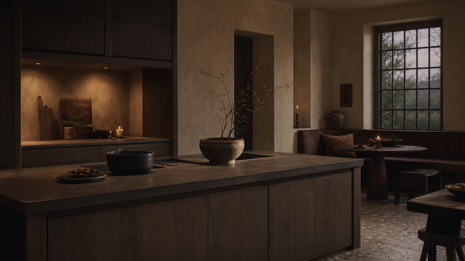 Belgian-style townhouse kitchen with matte warm putty cabinetry and smoked oak walls.