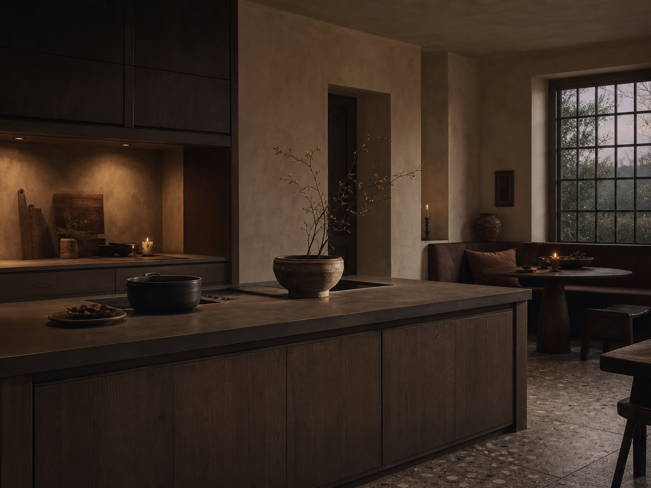 Belgian-style townhouse kitchen with matte warm putty cabinetry and smoked oak walls. — 304 stainless steel cabinetry editorial by Fadior