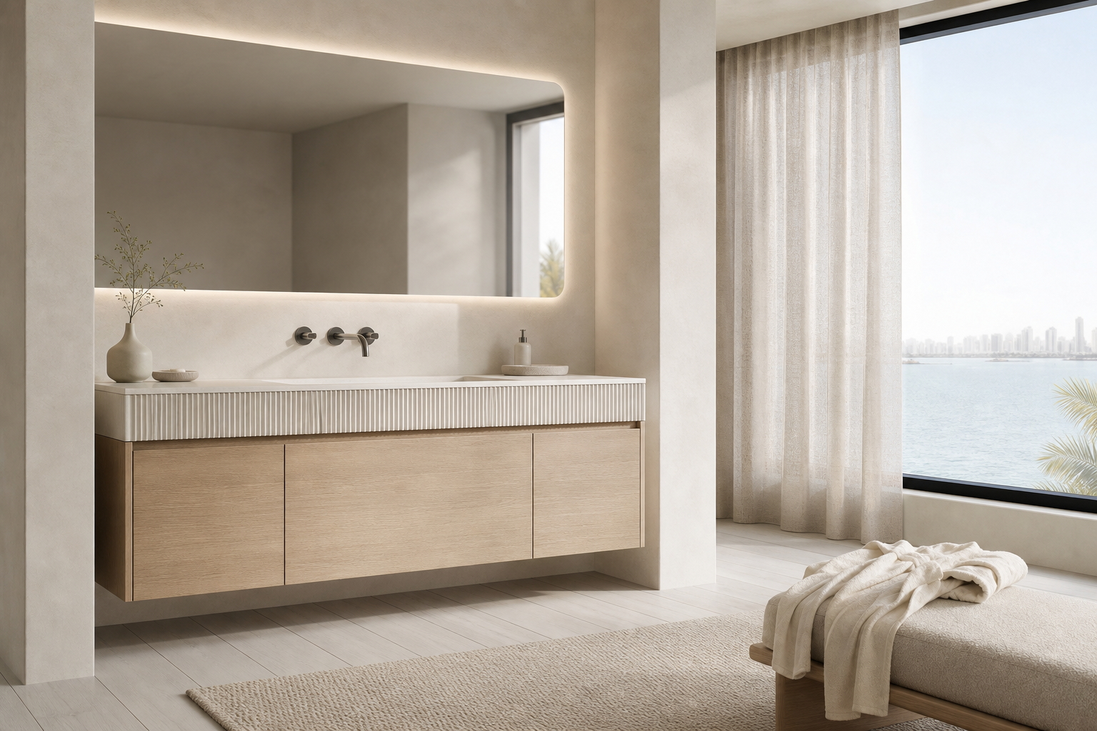 Fadior Verve Bath and Vanity Suite with Ribbed Mixer Basin Rail — lifestyle setting with natural light and residential