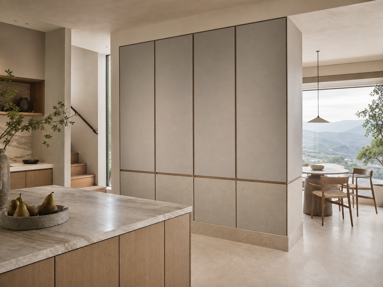 Fadior Terrazzo Wall Panel Suite with Linen Shadow Wainscot — interior room context showing cabinet integration