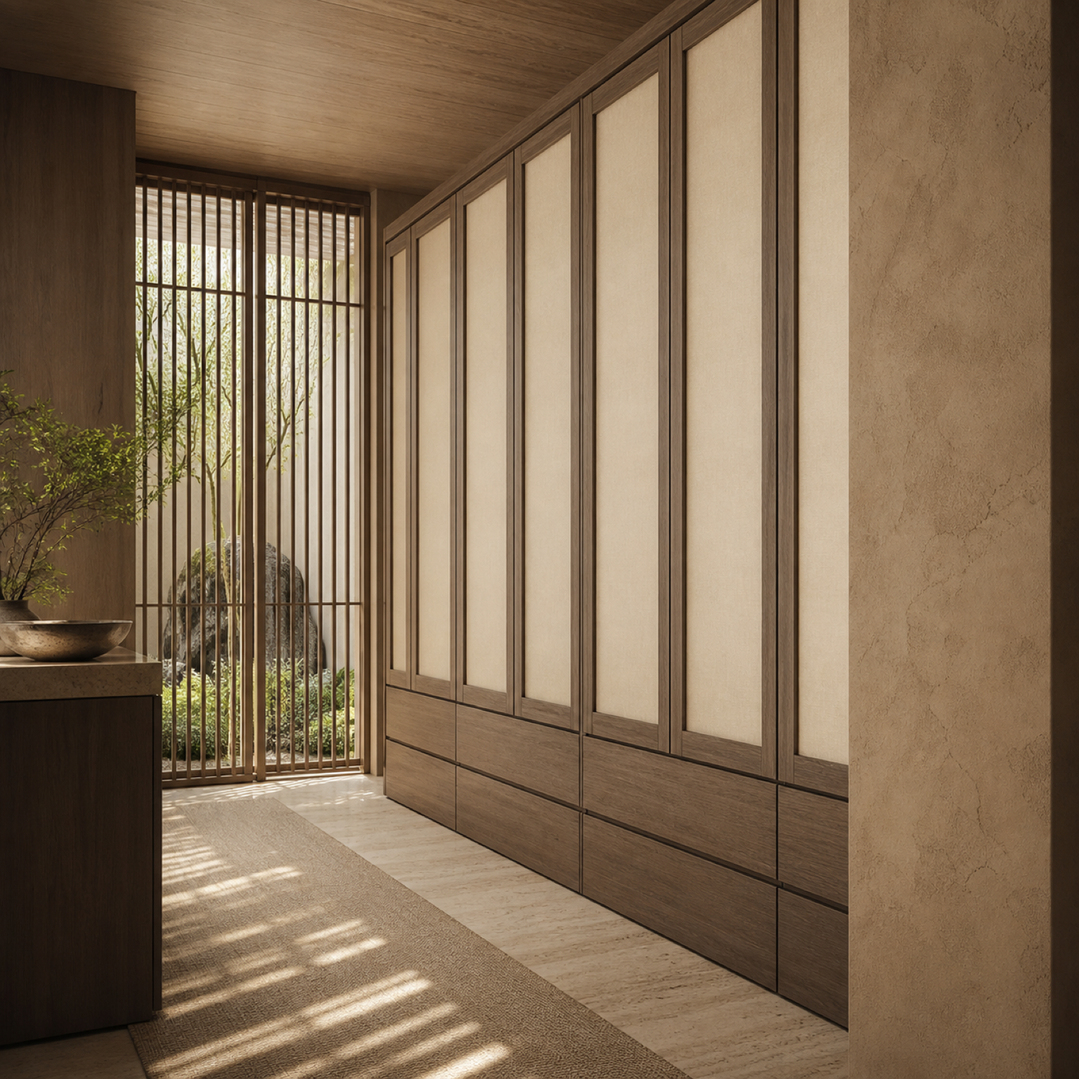 Fadior Canopy Wardrobe Suite with Raw Cypress Dressing Alcove — interior room context showing cabinet integration