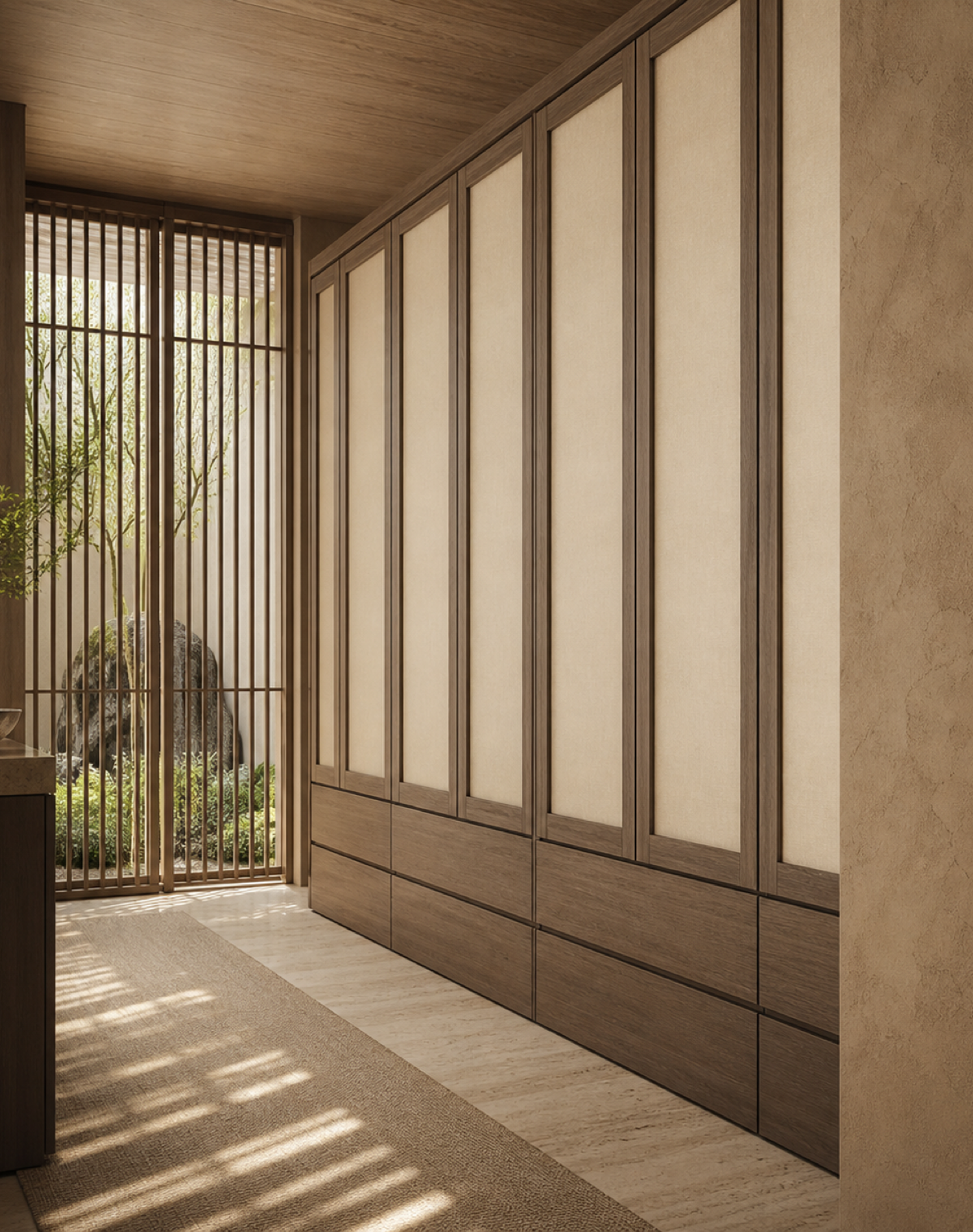 Fadior Canopy Wardrobe Suite with Raw Cypress Dressing Alcove — interior room context showing cabinet integration