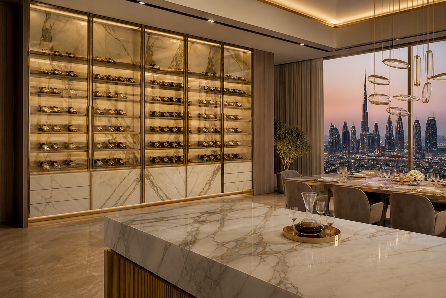 Fadior Estuary Wine Cabinet Suite with Procurement Resilience Wine Wall — lifestyle setting with natural light and