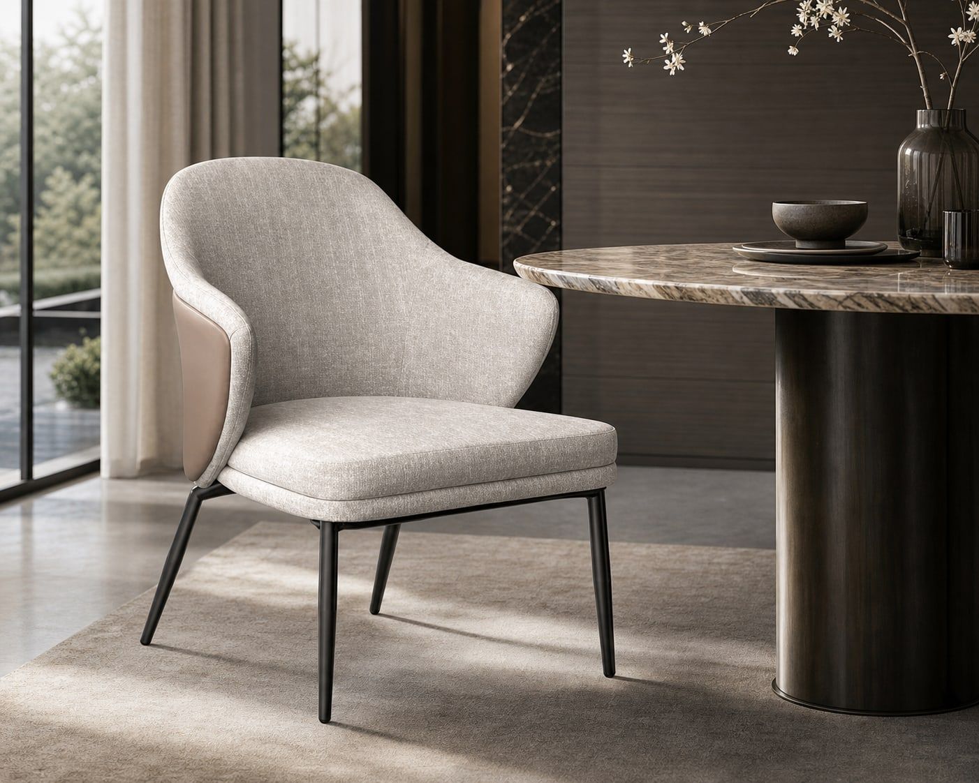 Leather-Accent Dining Chair (Linen) styled in a FADIOR HOME interior setting