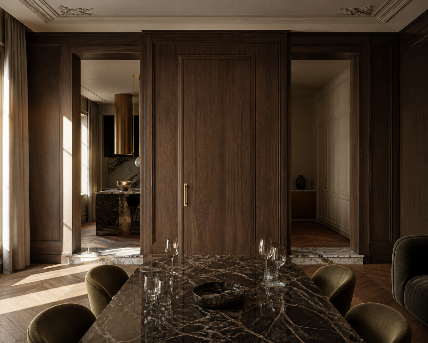 Fadior Silhouette Interior Door with Parchment Axis Pivot — lifestyle setting with natural light and residential styling