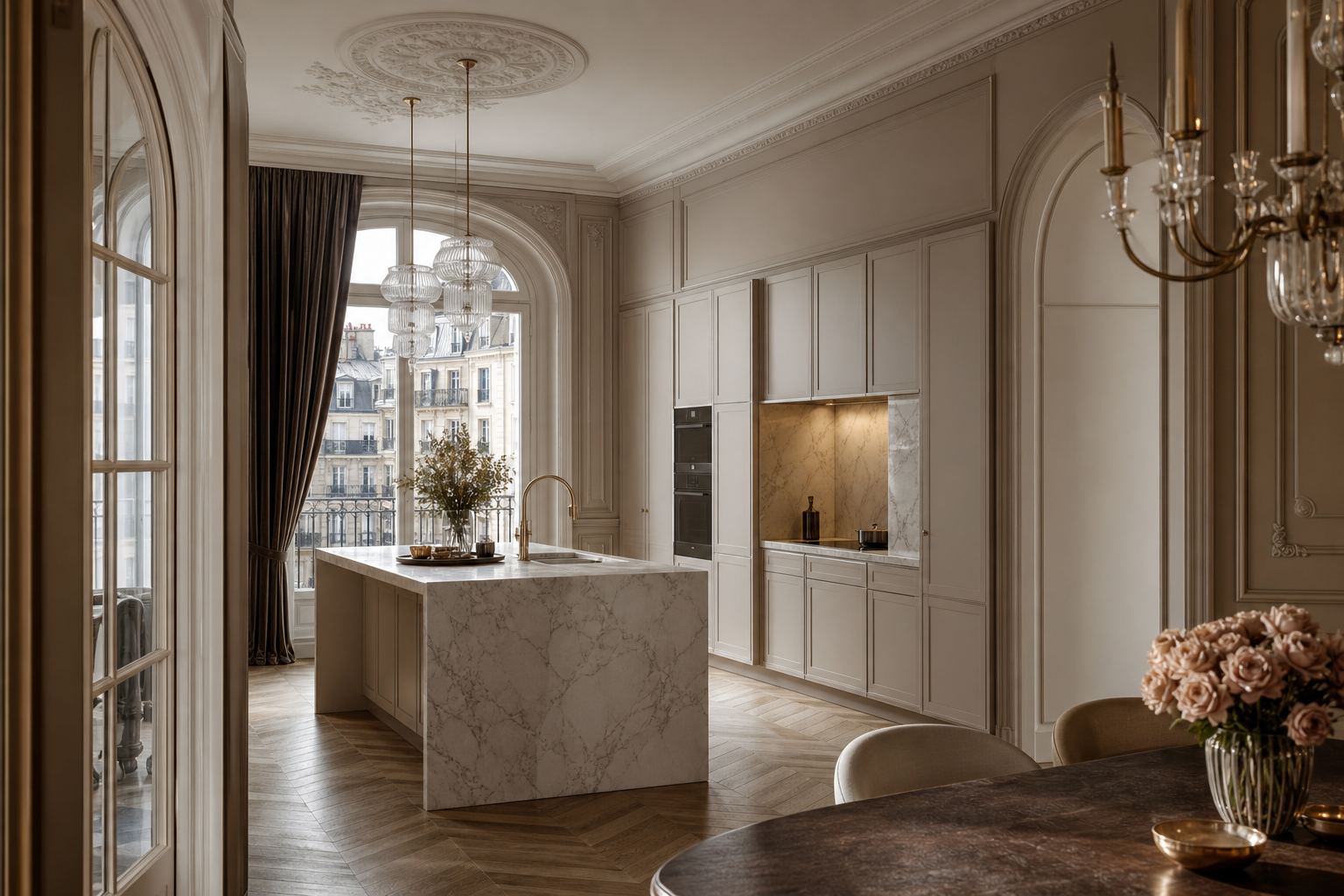 Fadior Continuum Kitchen Suite with Boiserie Appliance Hearth — interior room context showing cabinet integration