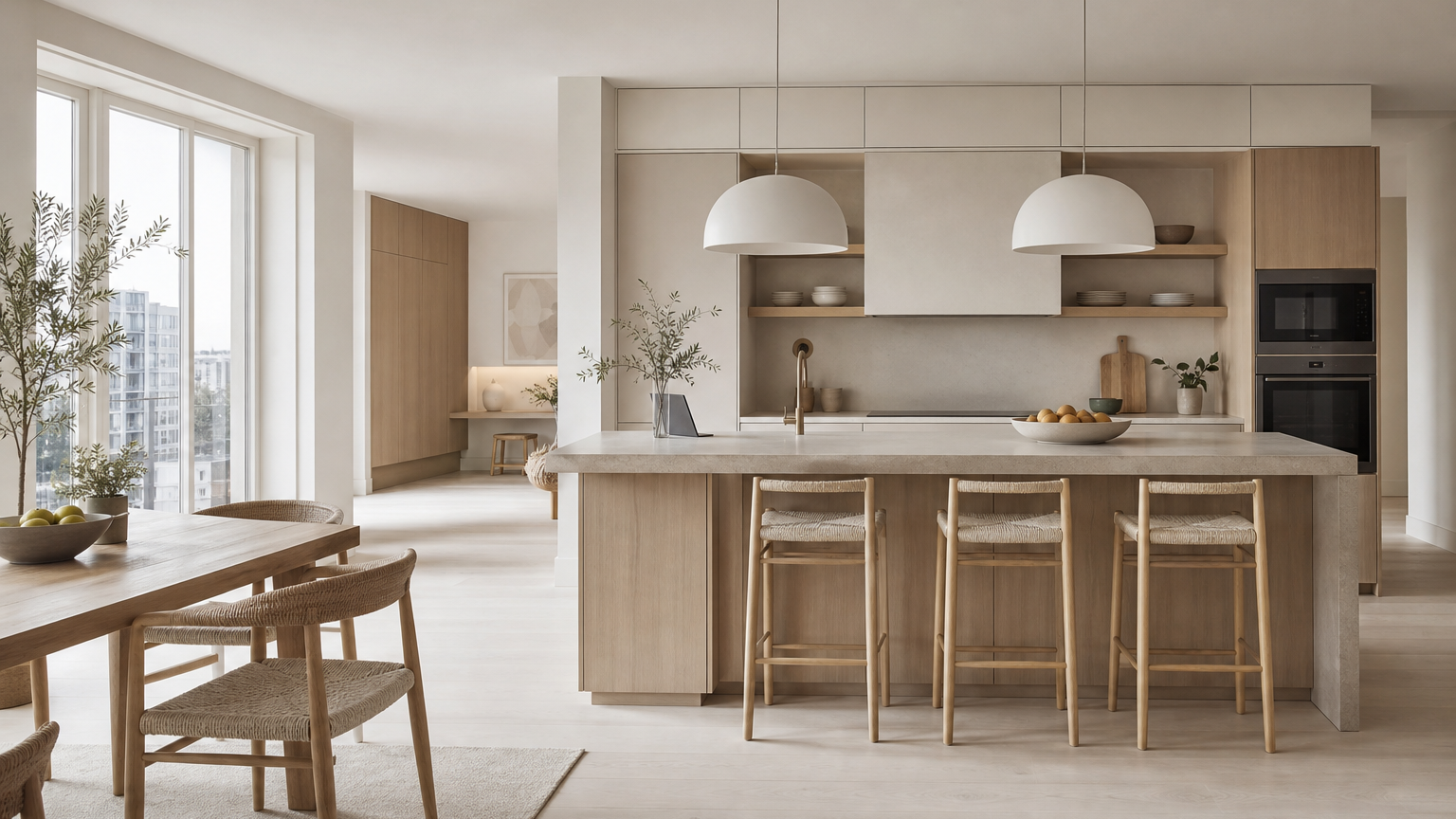 Atmosphere view: airy apartment kitchen arranged for AI kitchen planning and family routines.