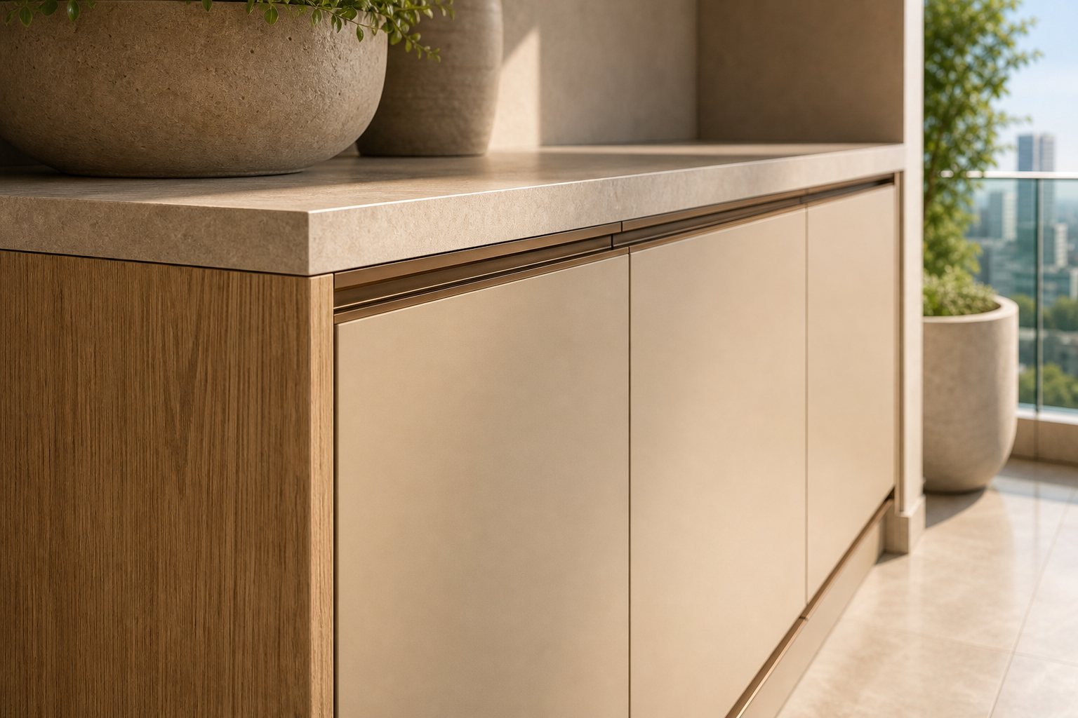 Fadior Soleil Balcony Suite with Weatherline Utility Wall — close-up of stainless steel finish and hardware detail