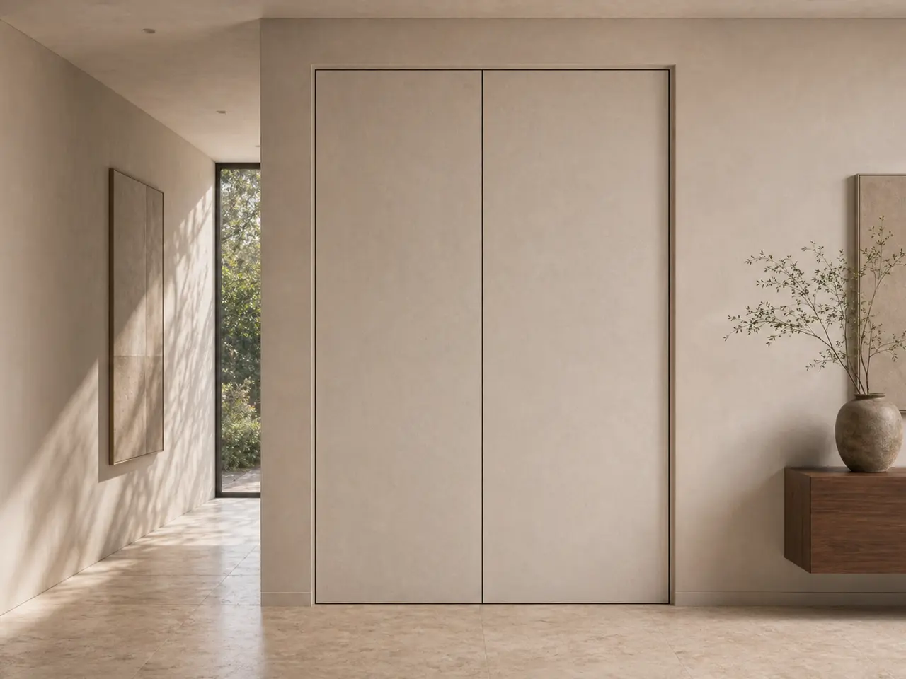 Fadior Alabaster Interior Door Suite with Shadow Reveal Pivot Pair - full-height stainless steel interior door with concealed frame, quiet hardware, and matching wall panel continuity