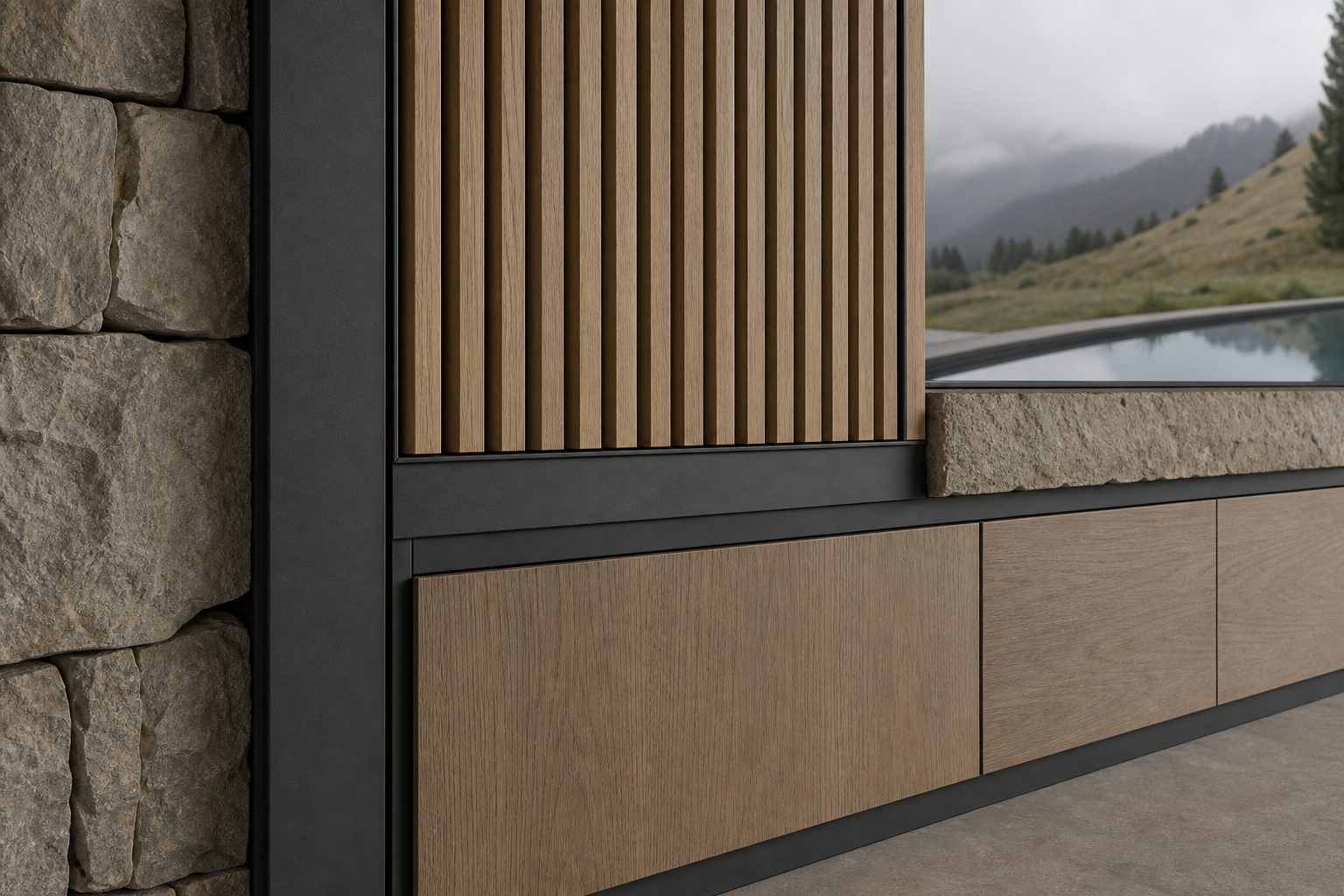 Fadior Zenith FSC Oak Gallery Screen — close-up of stainless steel finish and hardware detail
