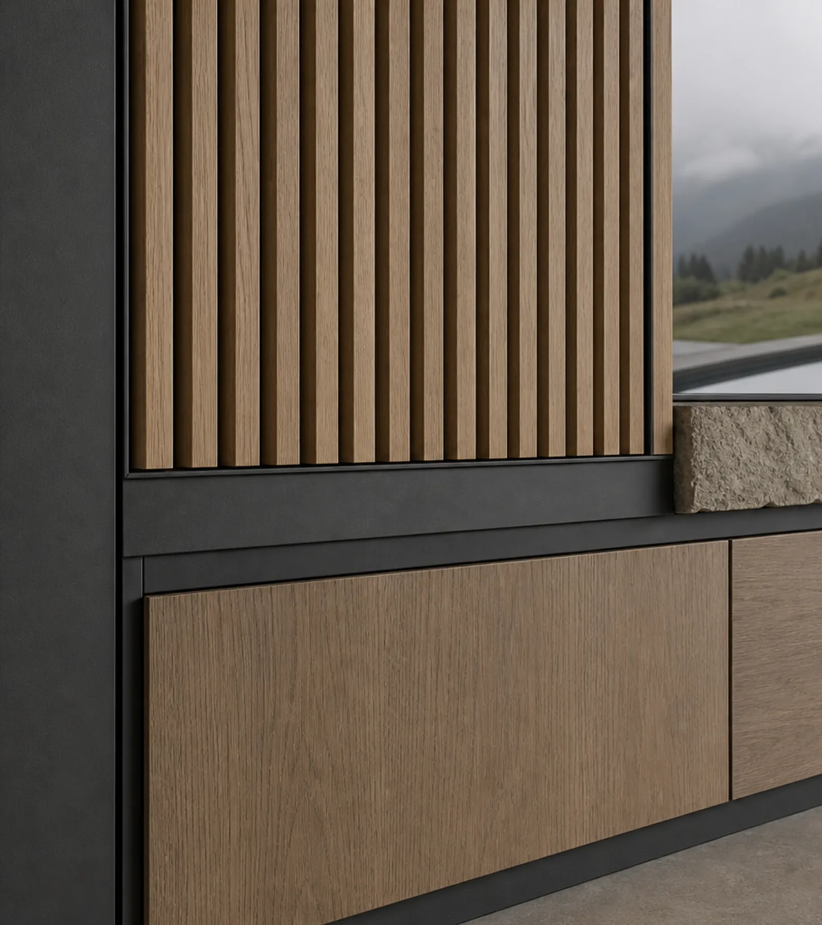 Fadior Zenith FSC Oak Gallery Screen — close-up of stainless steel finish and hardware detail