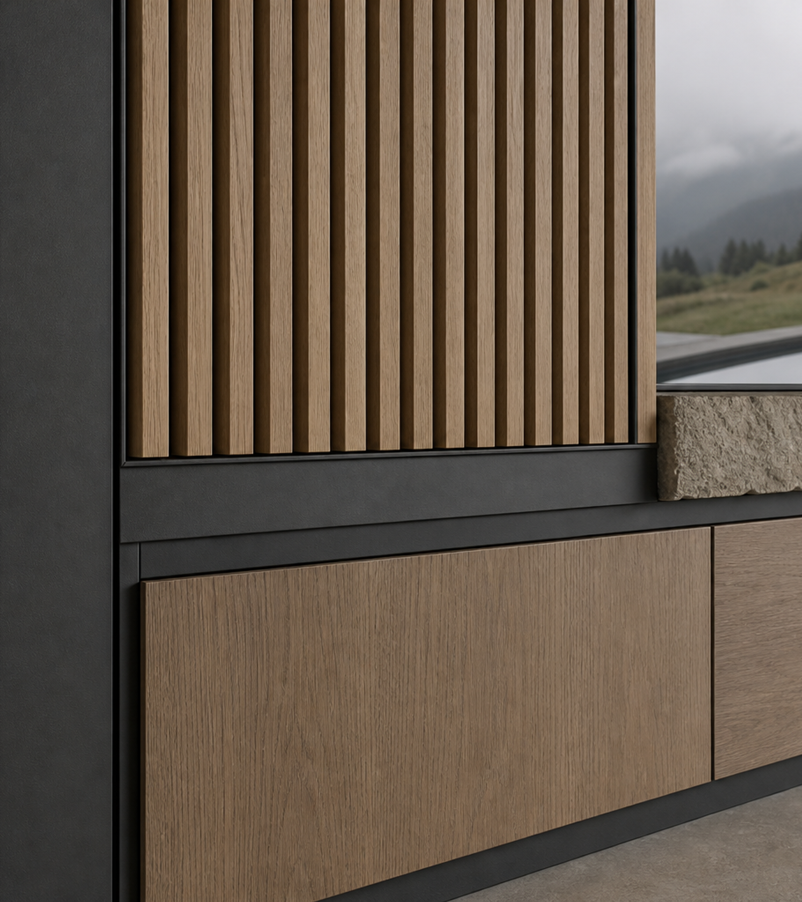 Fadior Zenith FSC Oak Gallery Screen — close-up of stainless steel finish and hardware detail