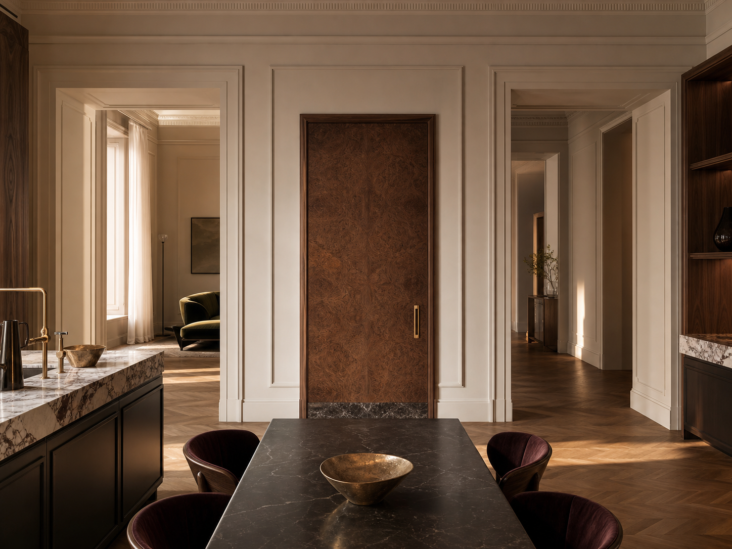 Fadior Silhouette Interior Door Suite with Walnut Edge Gallery Portal — interior room context showing cabinet integration
