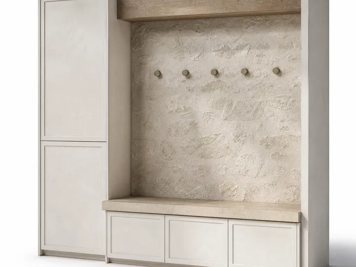 Fadior Loggia Entryway Suite with Travertine Keydrop Bench — 304 stainless steel entryway system, front view