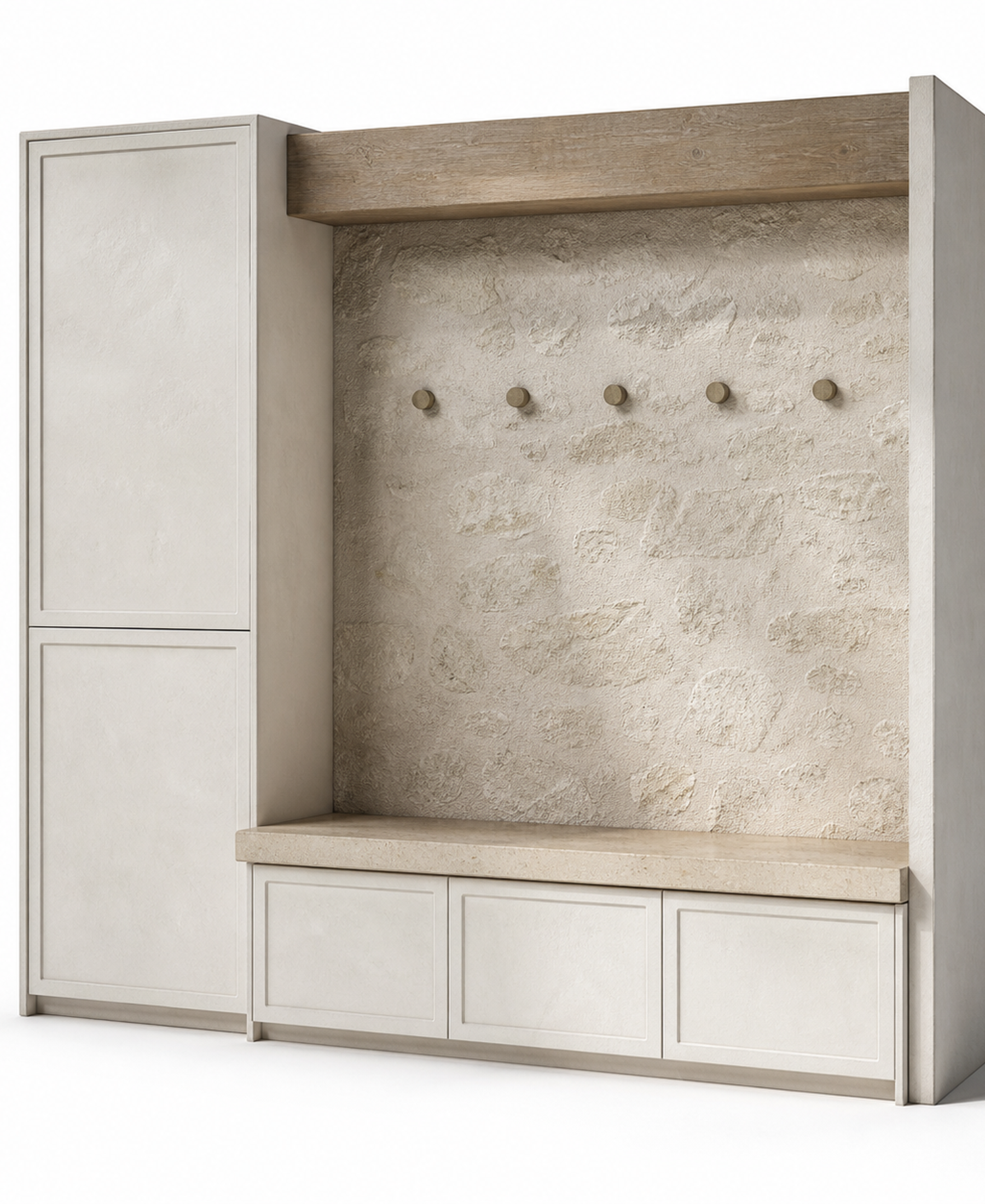 Fadior Loggia Entryway Suite with Travertine Keydrop Bench — 304 stainless steel entryway system, front view