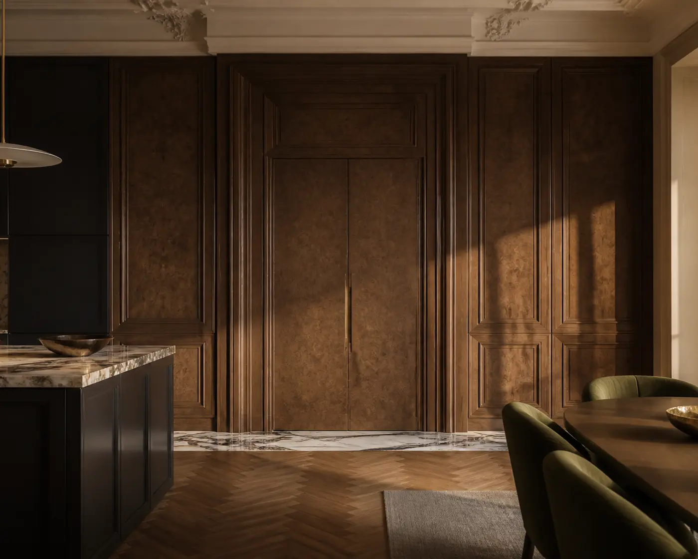 Full-height stainless steel interior door with concealed frame and matching wall panels by Fadior