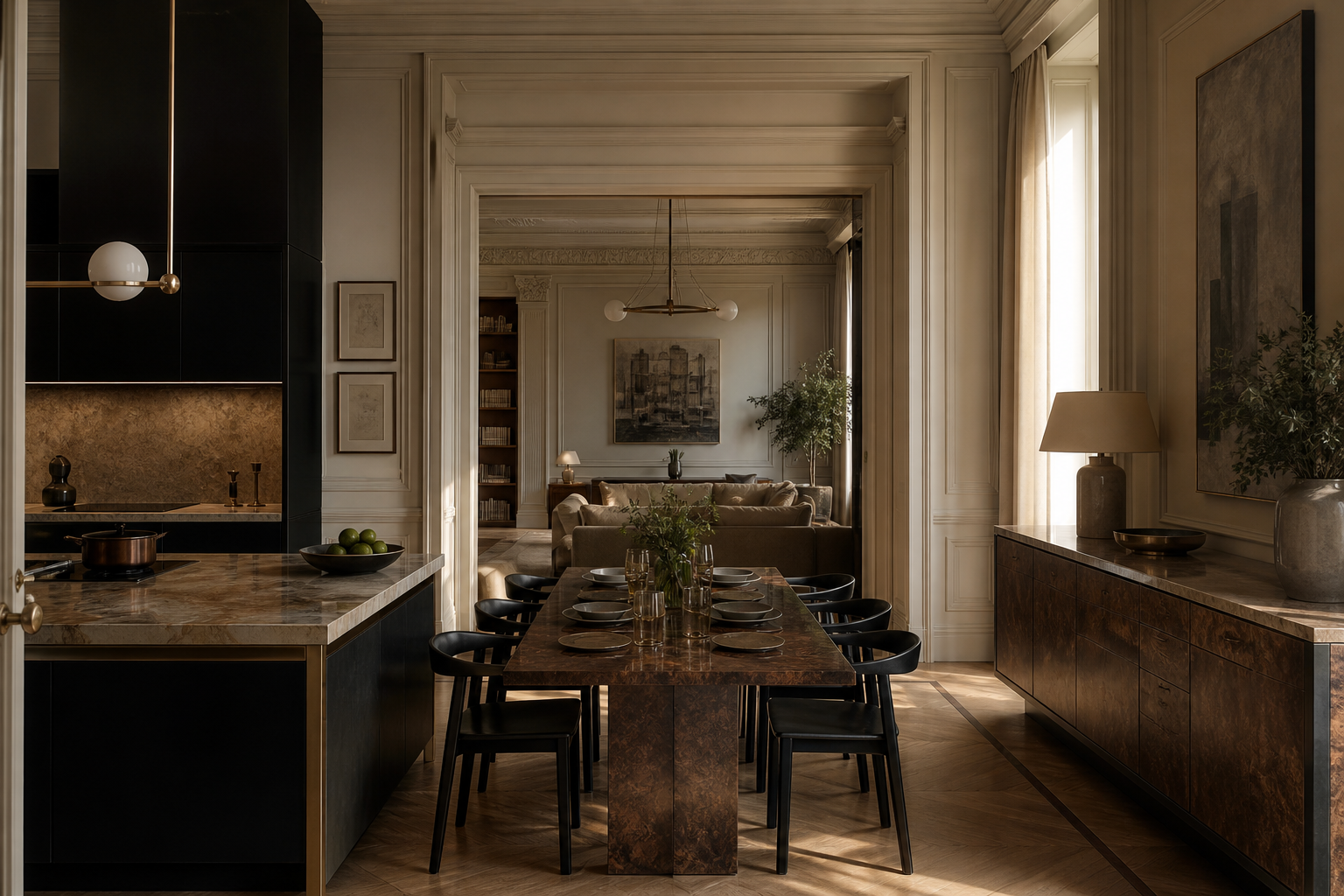 Fadior Evening-ready GCC kitchen with walnut dining furnishings and lacquer-black cabinetry,