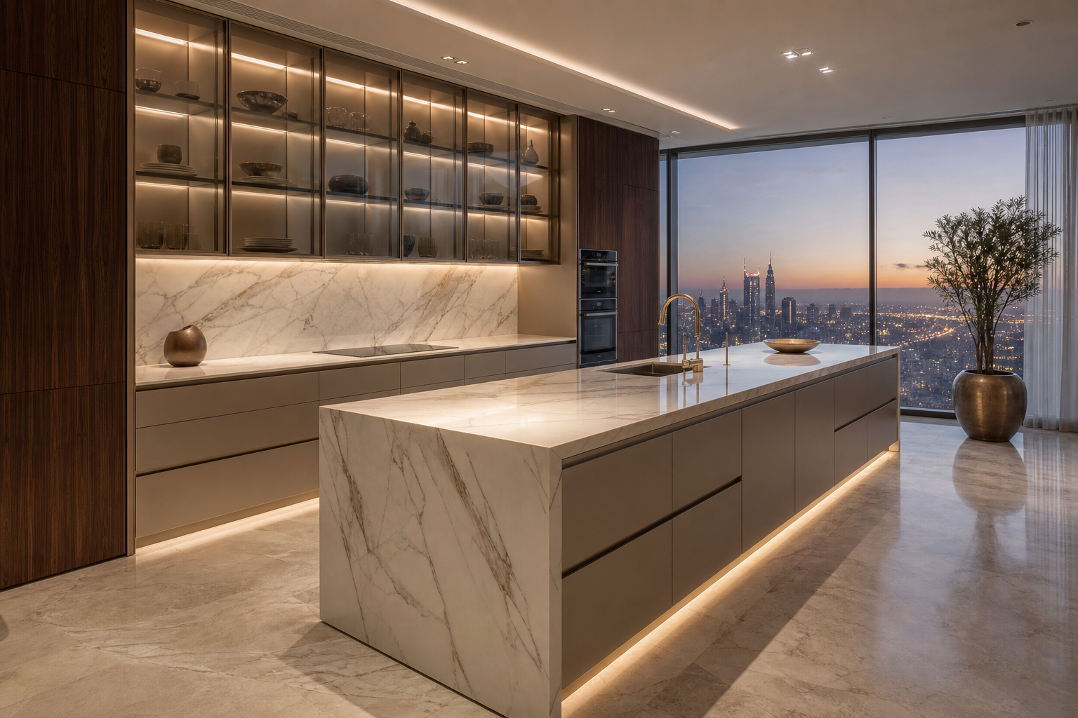 Fadior Dubai 185 sqm Kitchen Penthouse — Dubai counter, cabinet wall, glass storage, marble backsplash, skyline