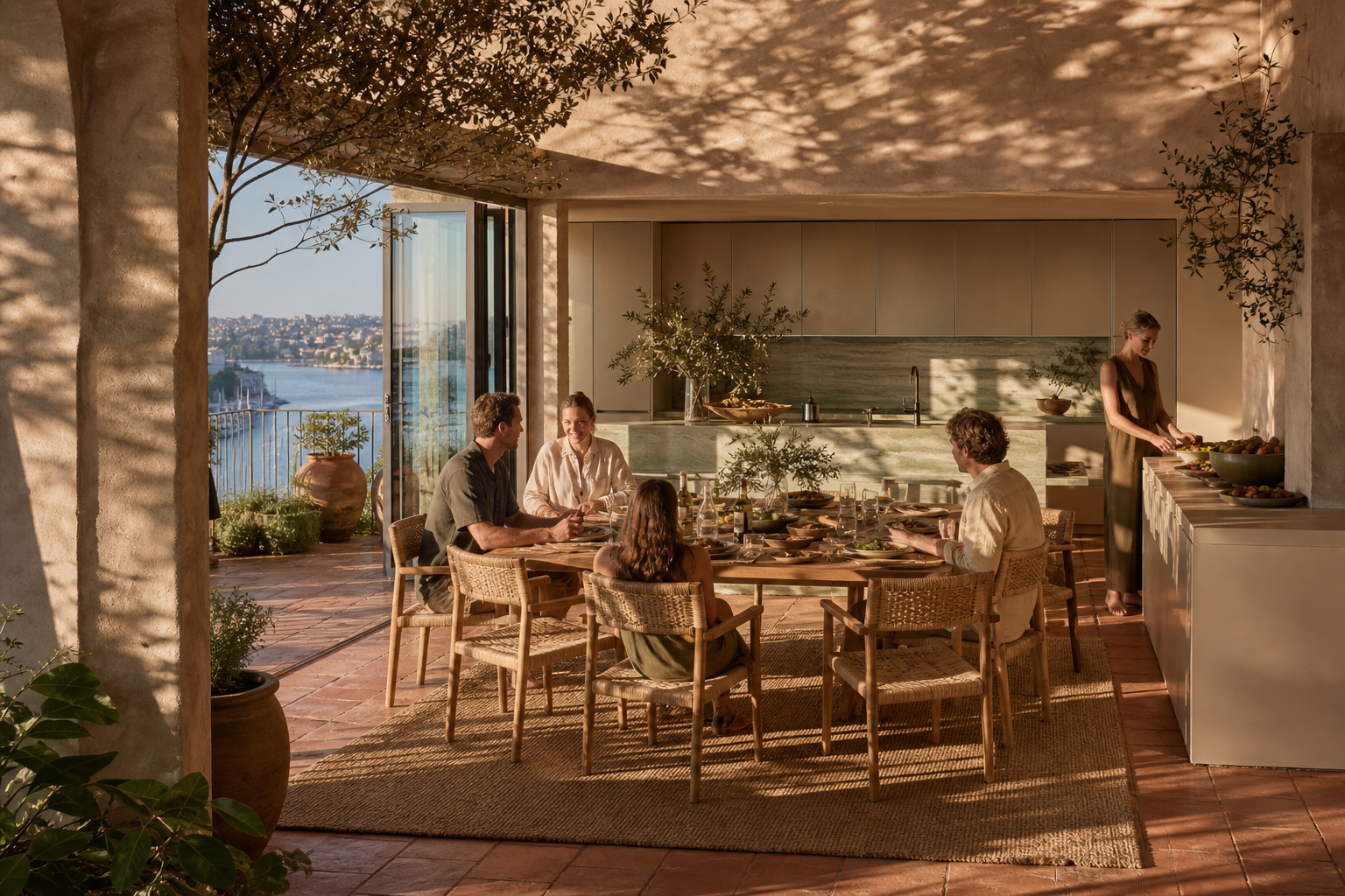 Fadior Sydney Skyline Penthouse — Sydney penthouse entertaining terrace with dining table, woven chairs, cabinet backdrop,