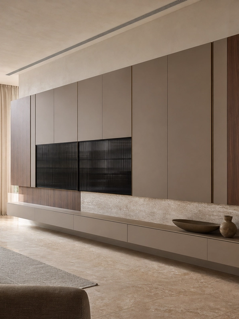 Fadior Zenith Living Room Suite with Floating Media Wall — 304 stainless steel living room system, front view