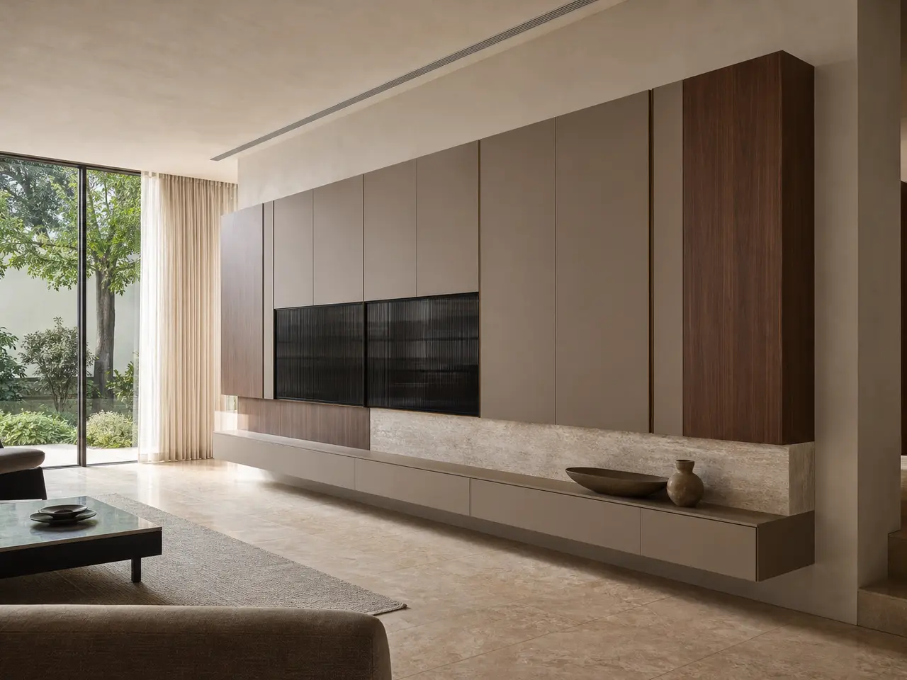 Fadior Zenith Living Room Suite with Floating Media Wall — 304 stainless steel living room system, front view