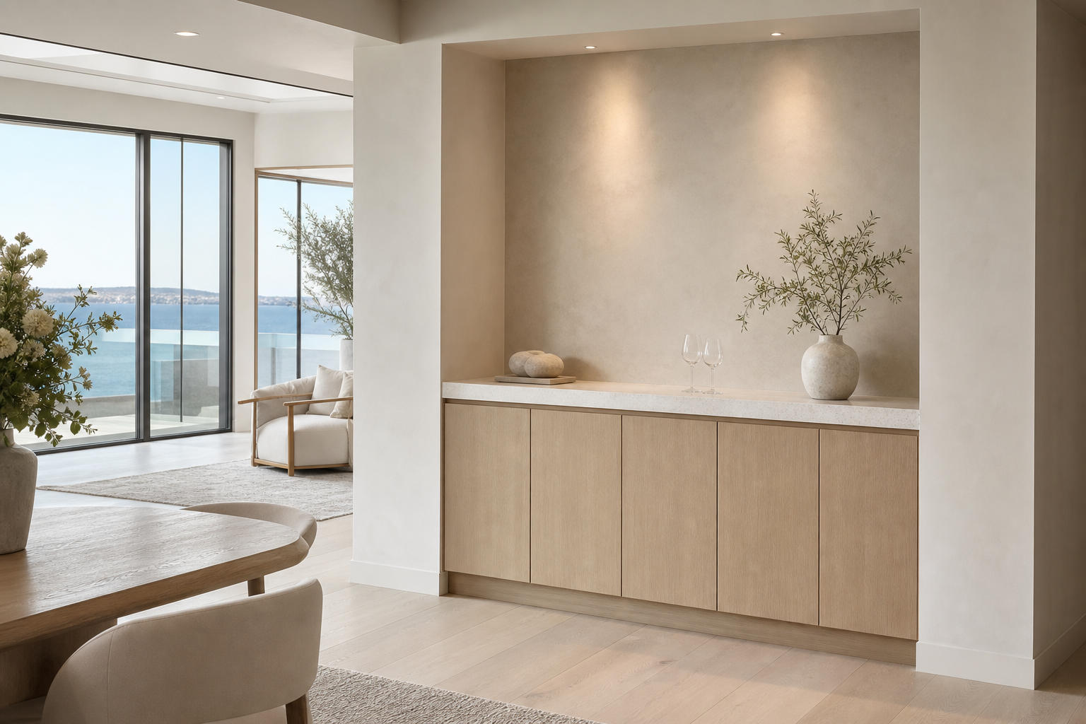 Fadior Cru Wine Cabinet Suite with Quartz Tasting Parapet — interior room context showing cabinet integration