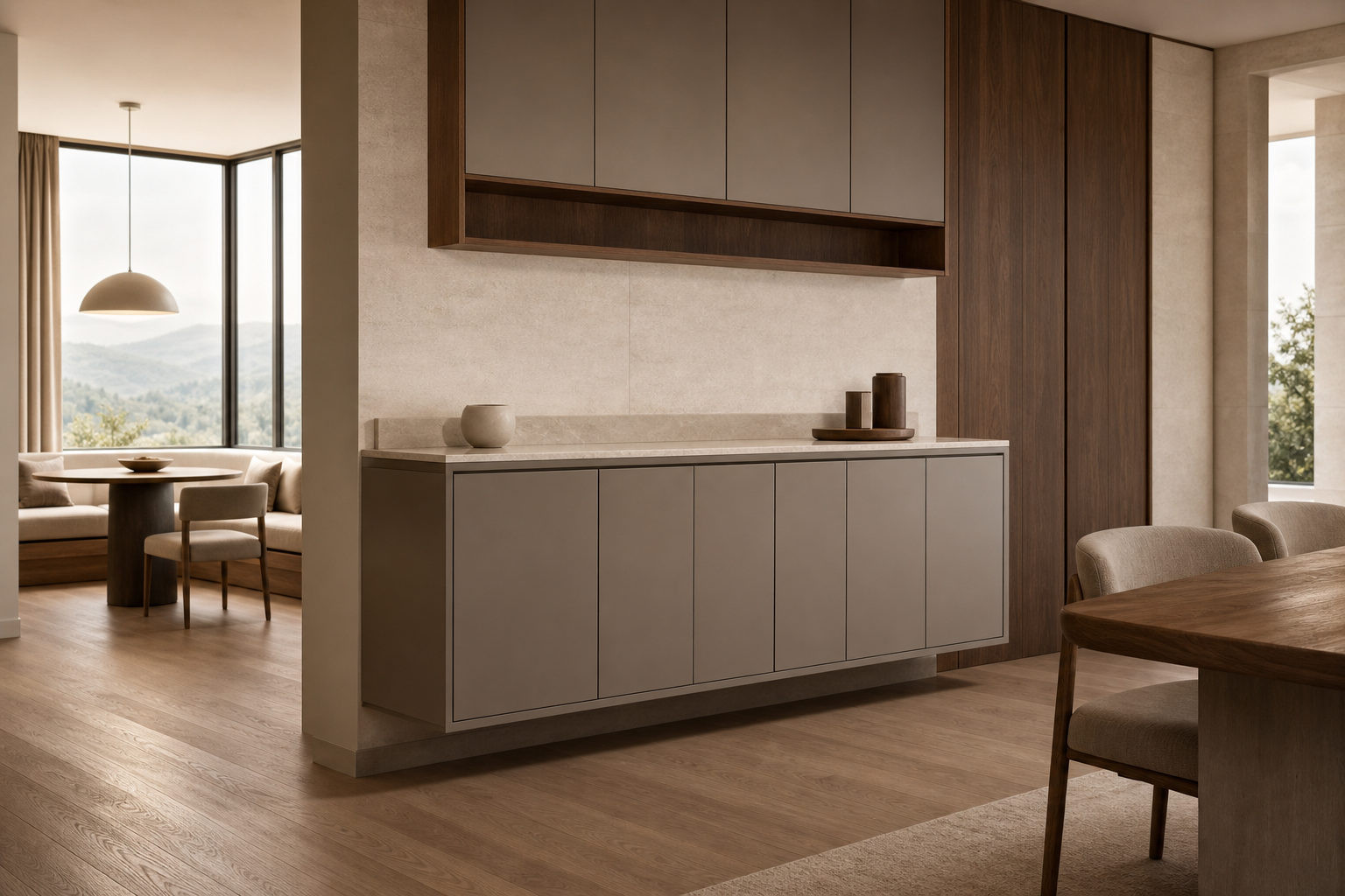 Fadior Estuary Wine Cabinet Suite with Floating Tasting Credenza — interior room context showing cabinet integration