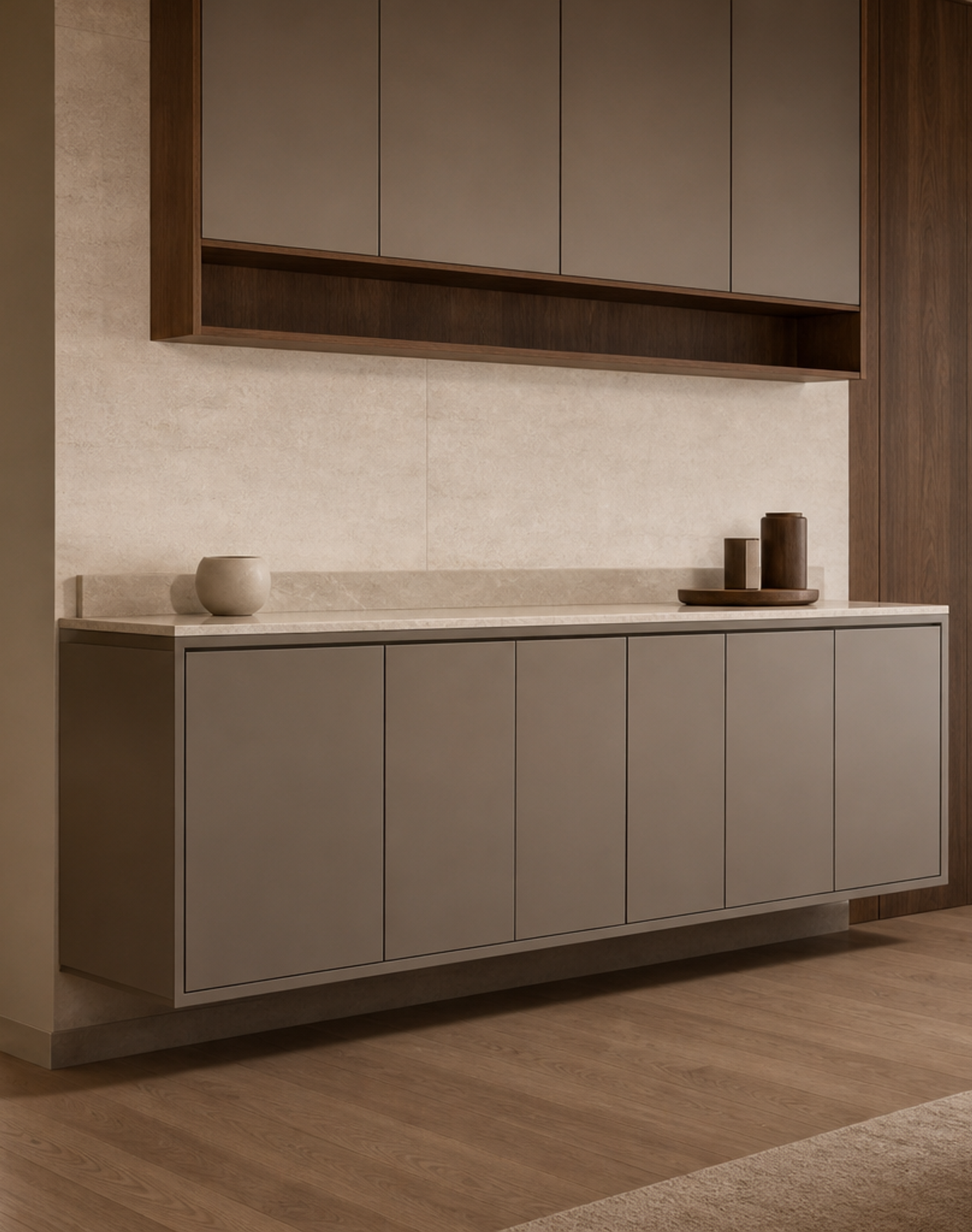 Fadior Estuary Wine Cabinet Suite with Floating Tasting Credenza — interior room context showing cabinet integration