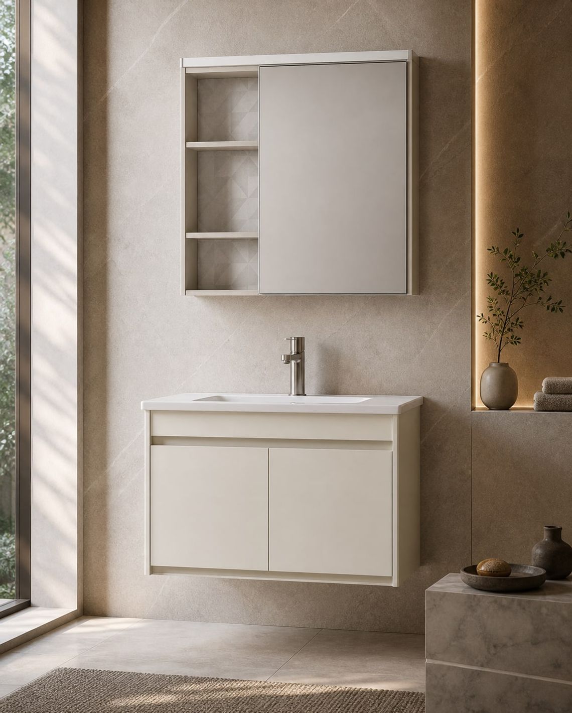 Bathroom Vanity Cabinet (BV-003) styled in a FADIOR HOME interior setting