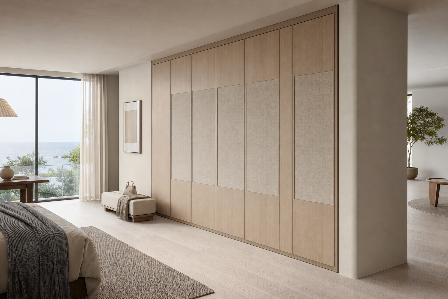 Conjunto de vestidor Elementum con umbral de viaje en Parchment perspectiva interior