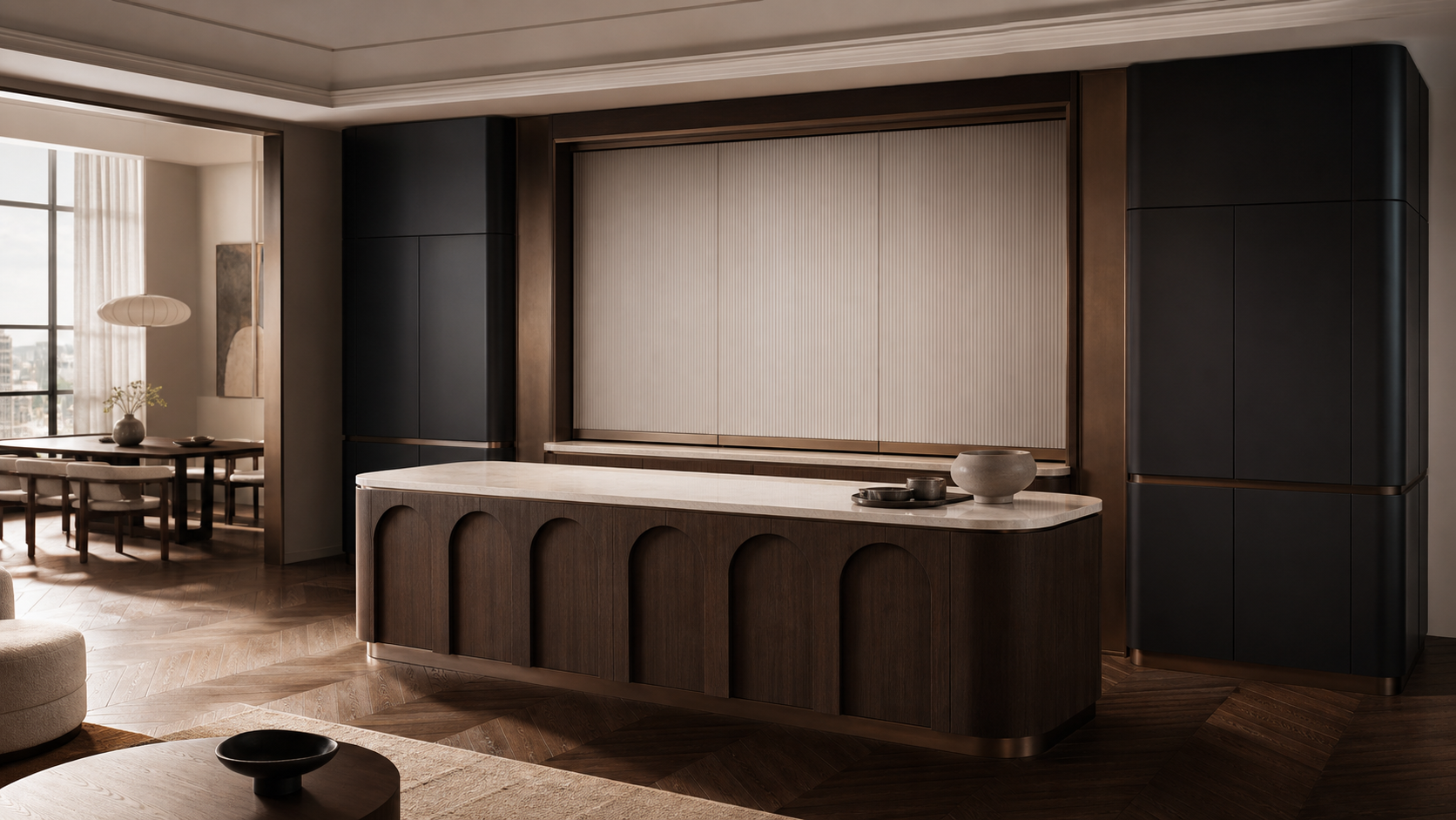 Fadior Meridian Kitchen Suite with Servery Window Island Arcade — lifestyle setting with natural light and residential