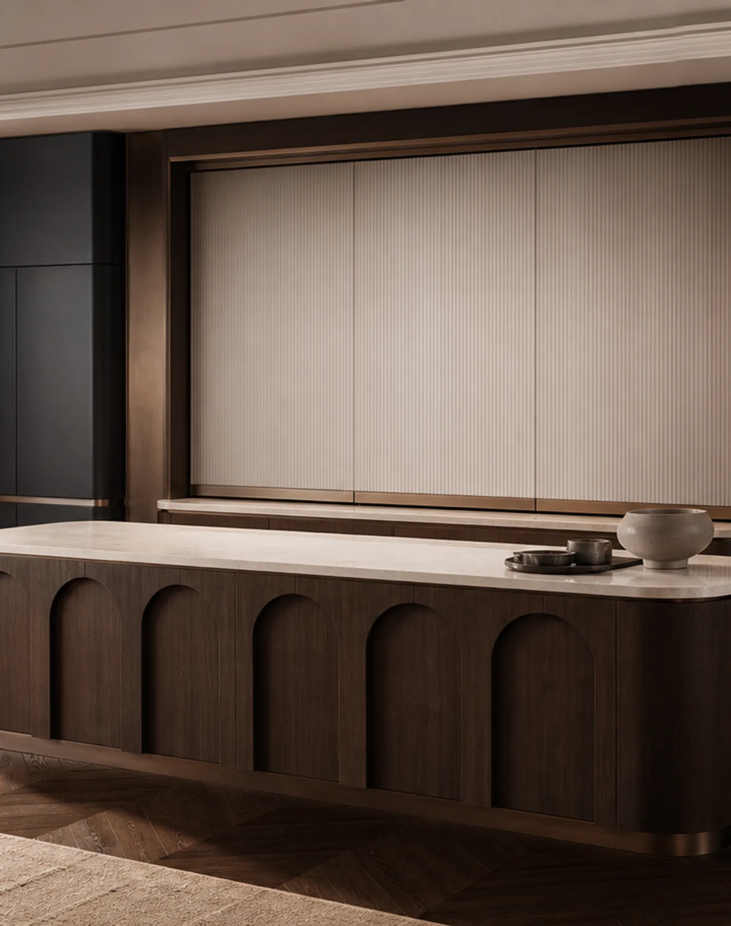 Fadior Meridian Kitchen Suite with Servery Window Island Arcade — lifestyle setting with natural light and residential