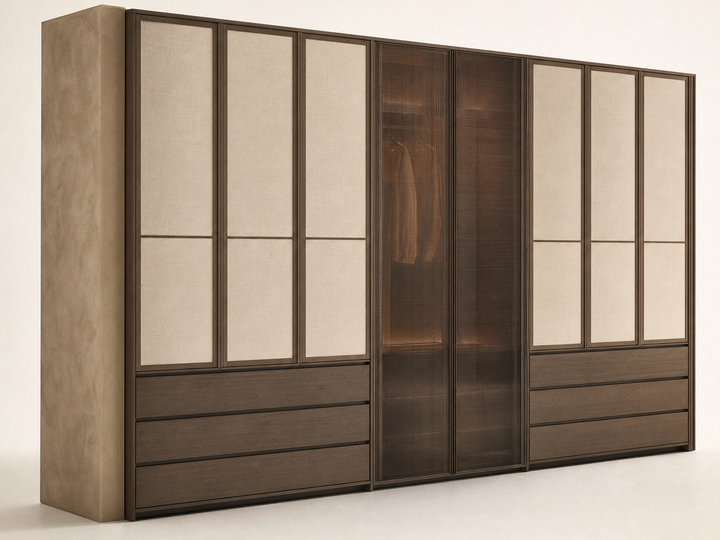 Fadior Voyage Wardrobe Suite with Saddle Glass Tie Portico — 304 stainless steel wardrobe system, front view